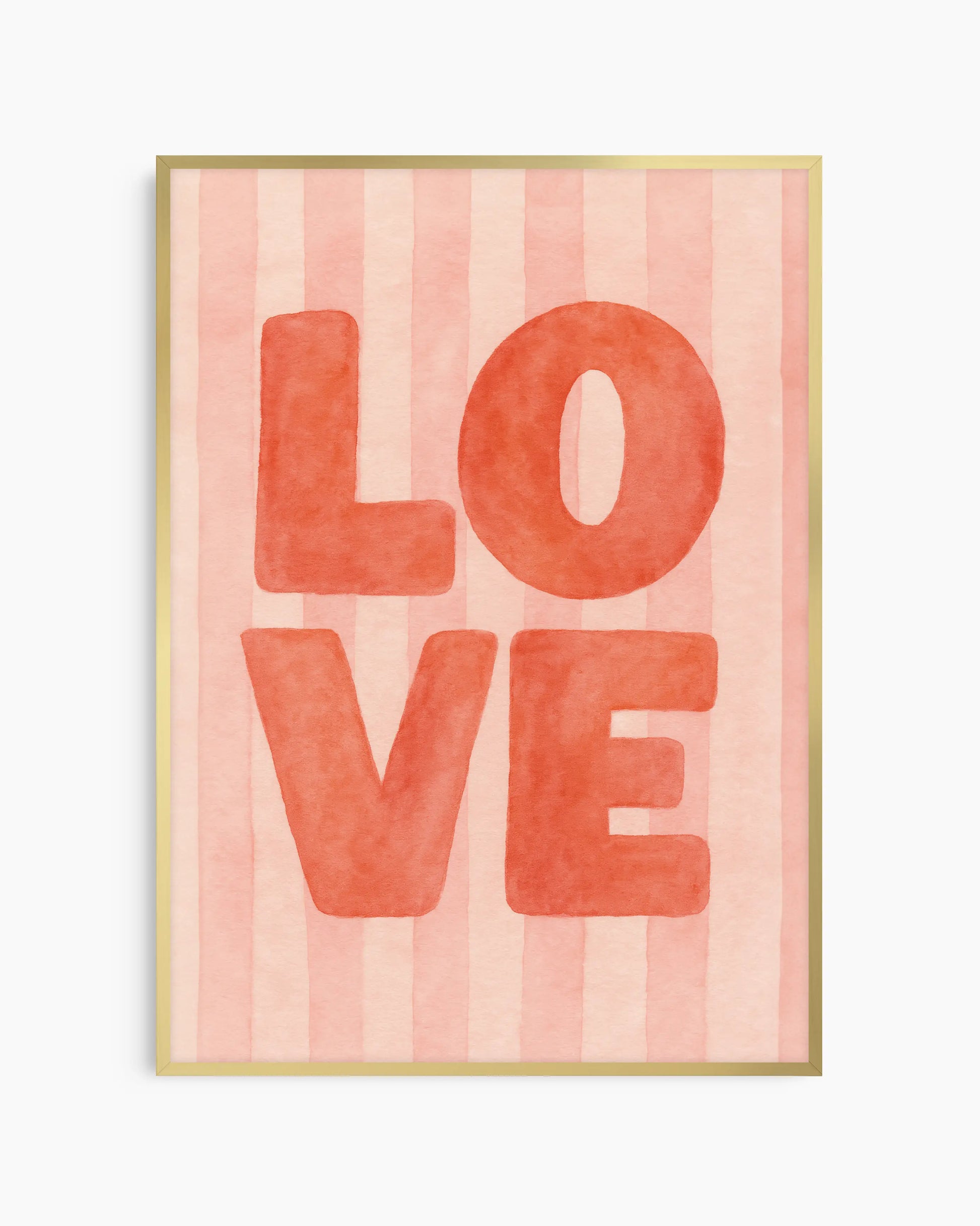 Children's poster with red 'LOVE' text on a striped pink background framed in a golden aluminium frame.