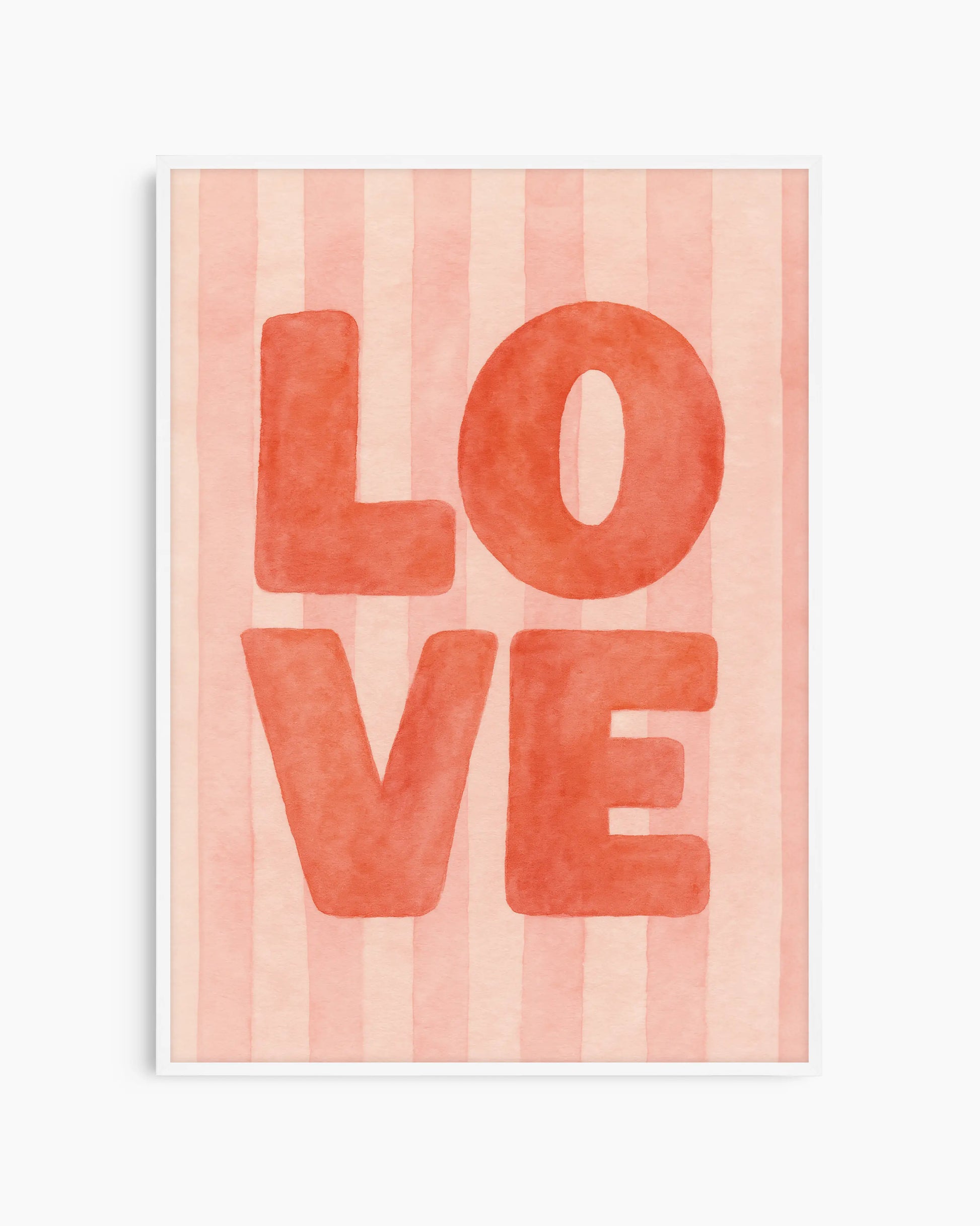 Children's poster with red 'LOVE' text on a striped pink background framed in a white wooden frame.
