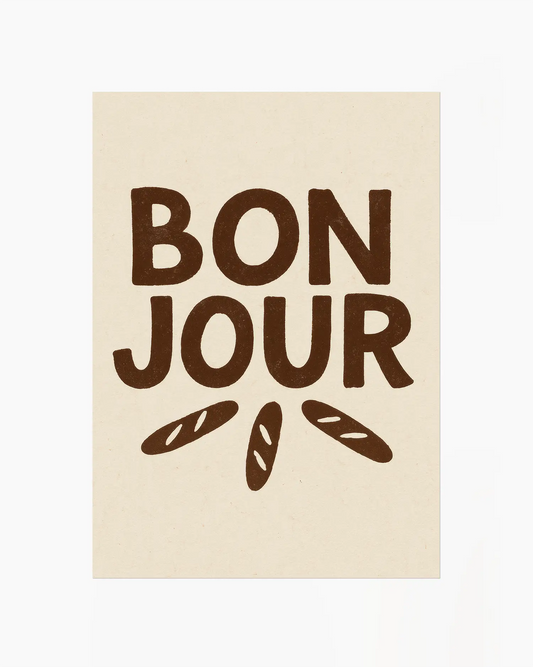 Beige poster with 'Bonjour' text and bread illustrations in brown.