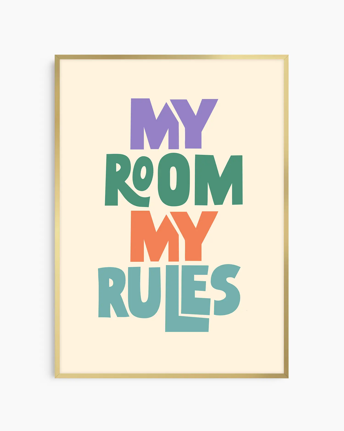 Beige children's poster with colorful text 'MY ROOM MY RULES' framed in a gold frame.