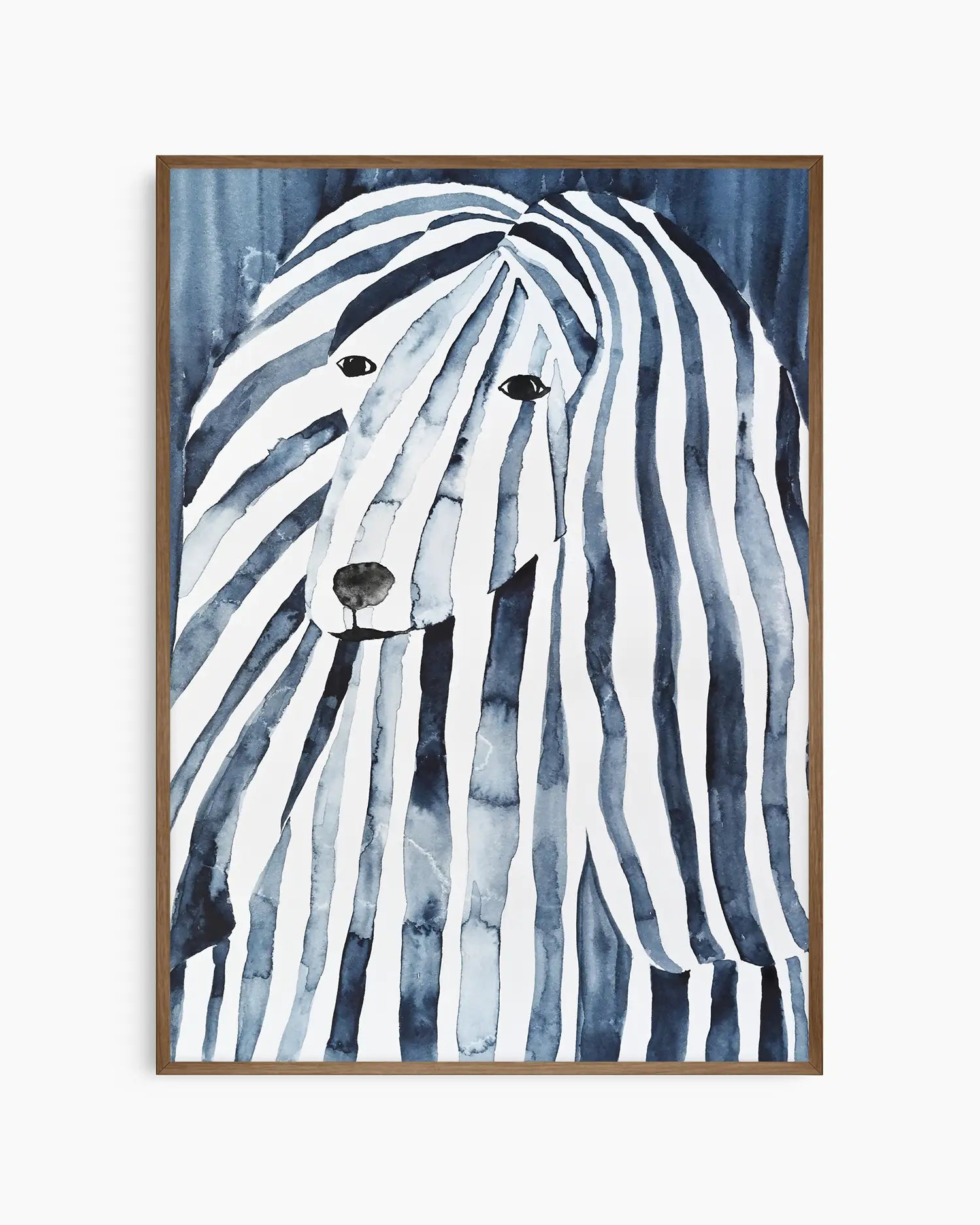 Watercolor painting of an afghan hound with blue and white stripes on a blue background framed in a dark oak frame