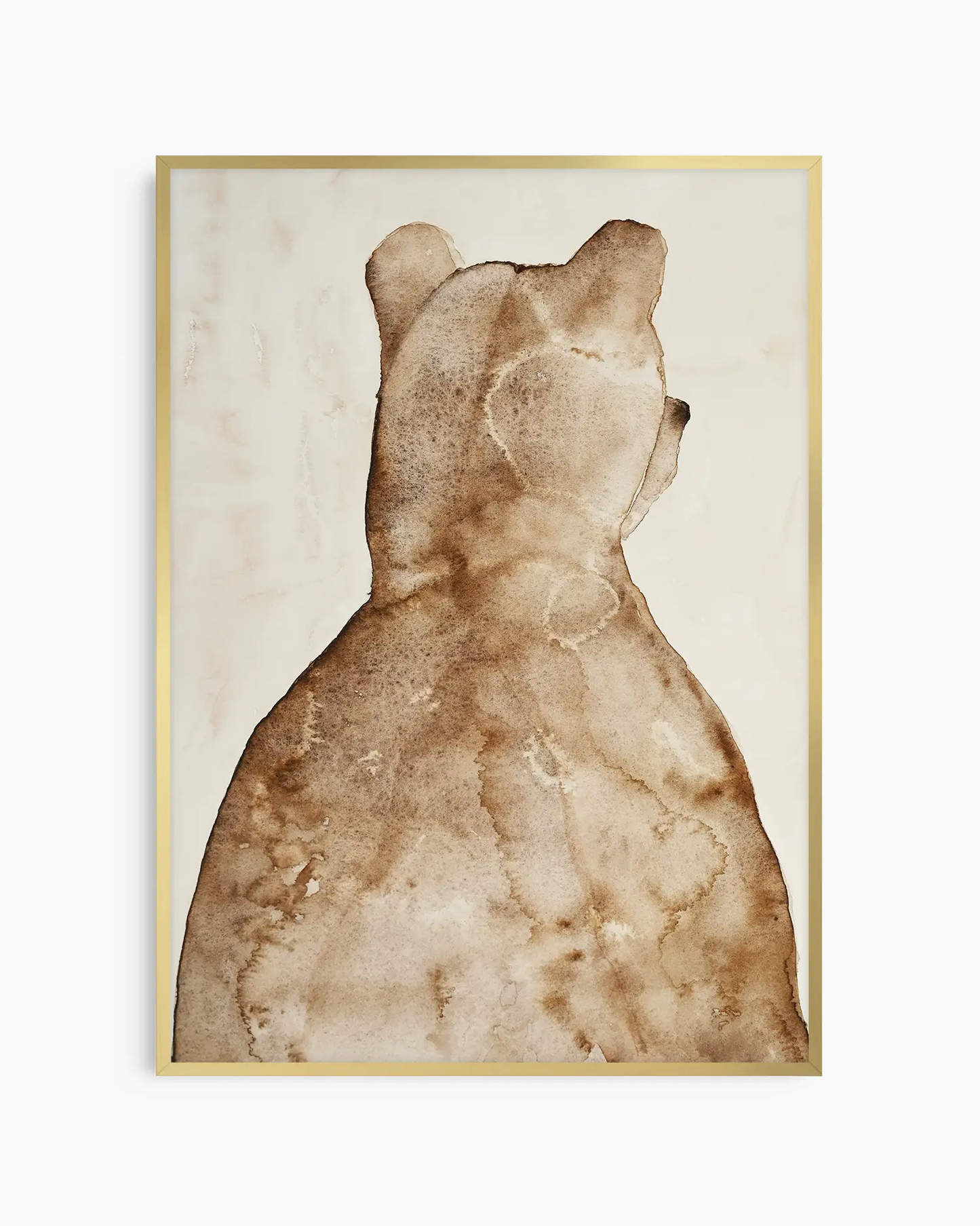 Children's illustration of a brown bear on a beige background framed in a gold frame