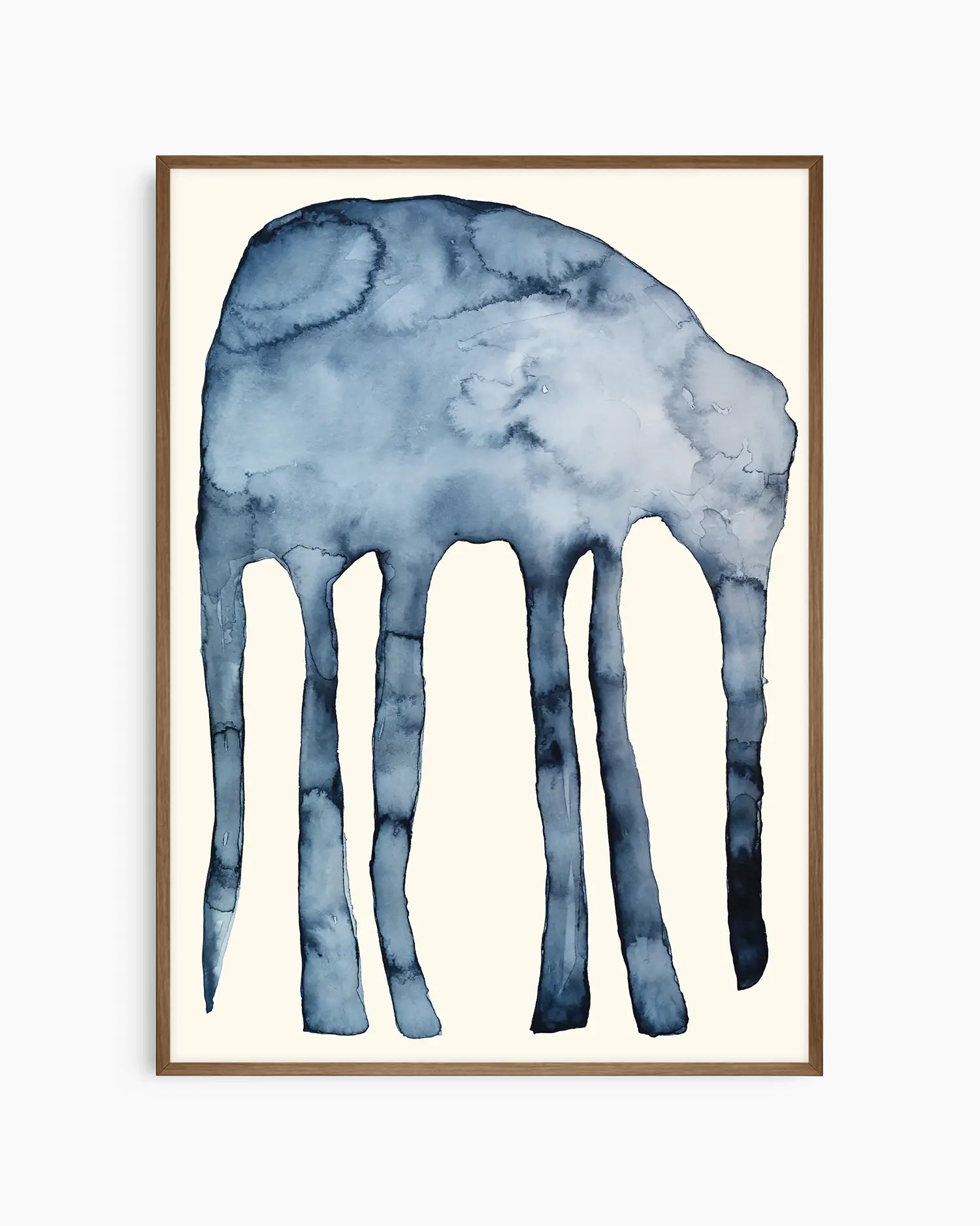 Blue watercolor painting of an elephant on a beige background inside of a dark oak frame