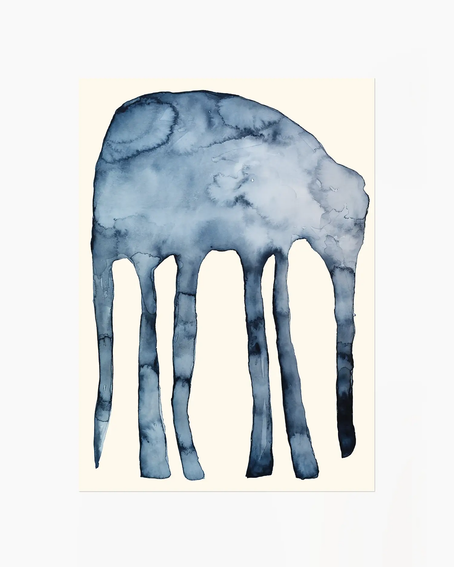 Blue watercolor painting of an elephant on a beige background