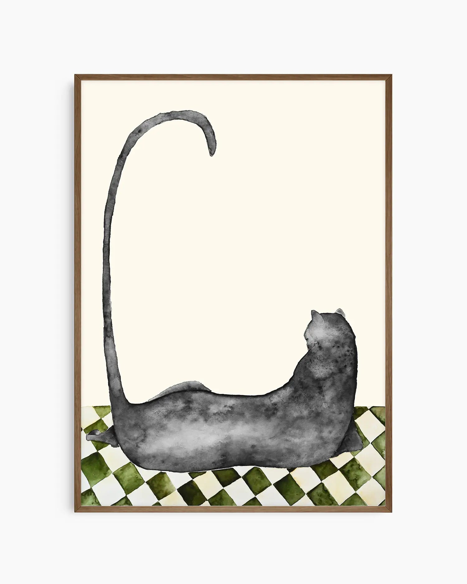 Illustration of a black cat lying on a checkered floor with a cream colored background framed in a dark oak frame.