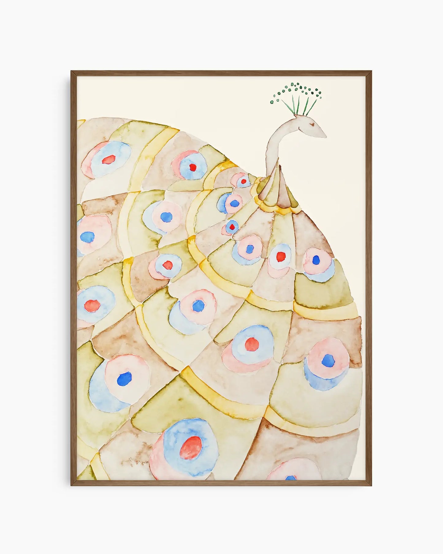 Nursery poster of a peacock inside of a dark oak frame.