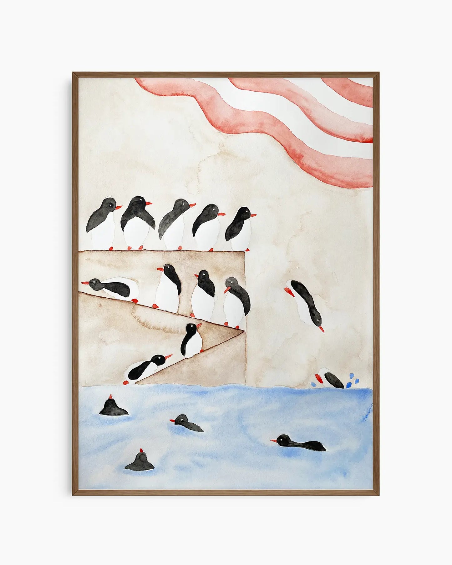 Illustration of penguins diving into the water inside of a dark oak frame.