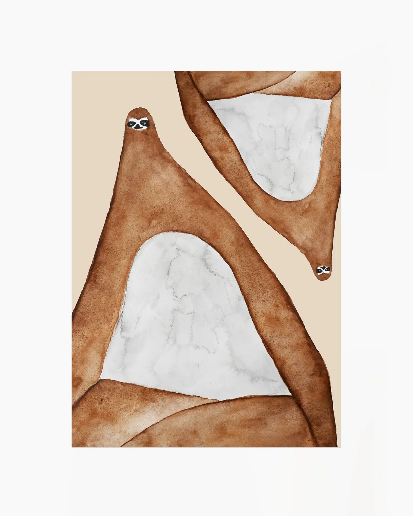 Nursery poster of two lazy sloths in brown on a beige background.