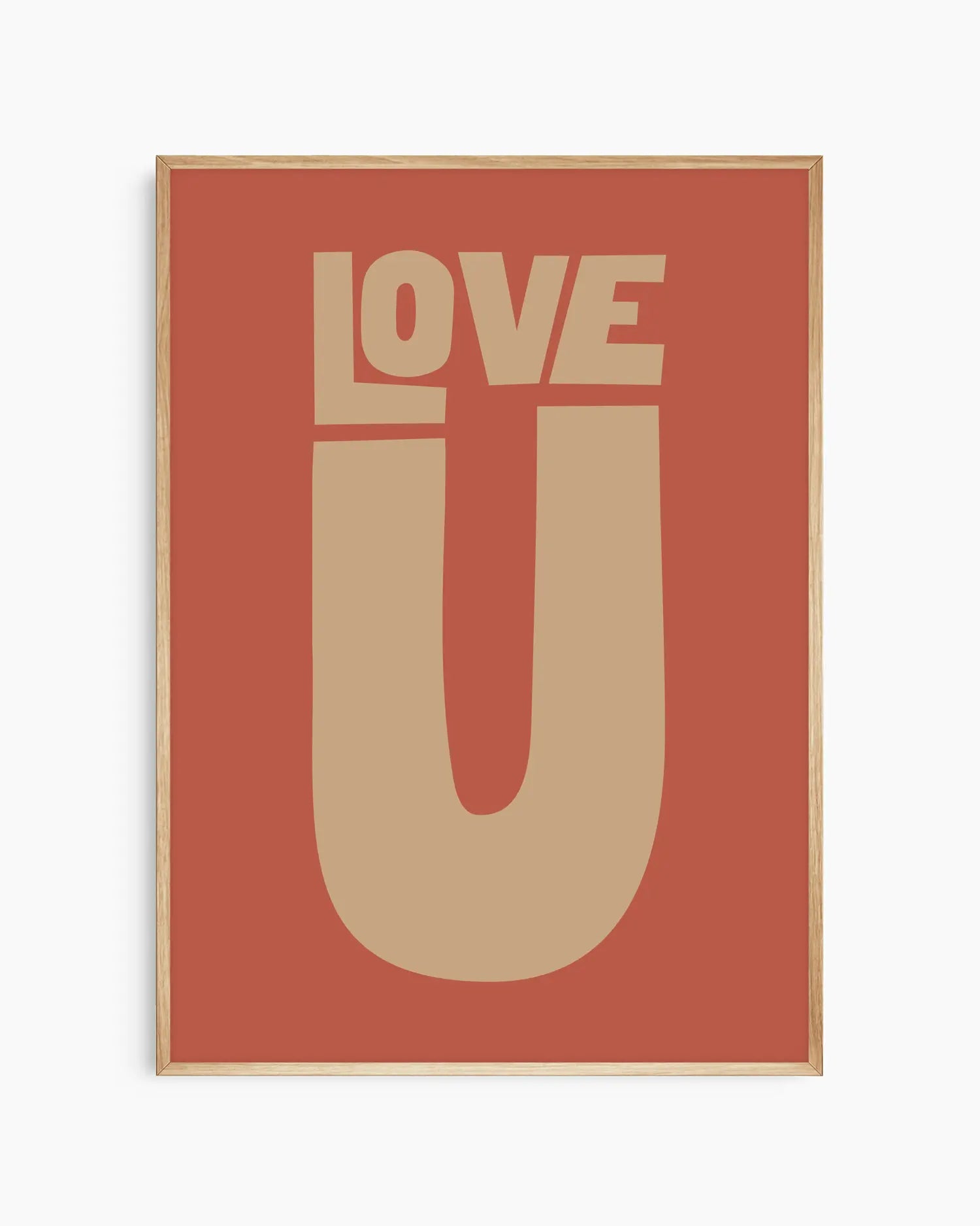 Red nursery poster with 'LOVE U' text framed in an oak frame.