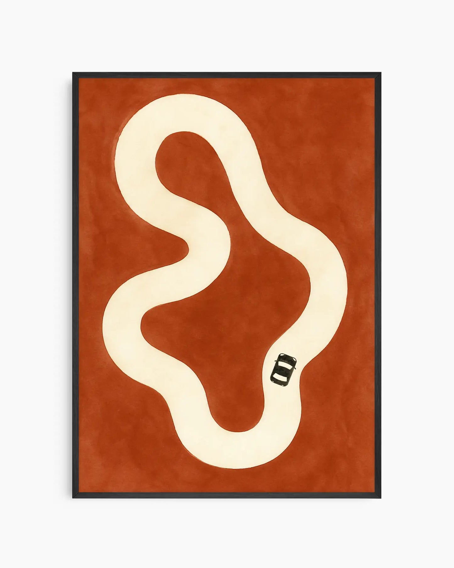 Nursery poster with a black car on a beige race track framed in a black frame.