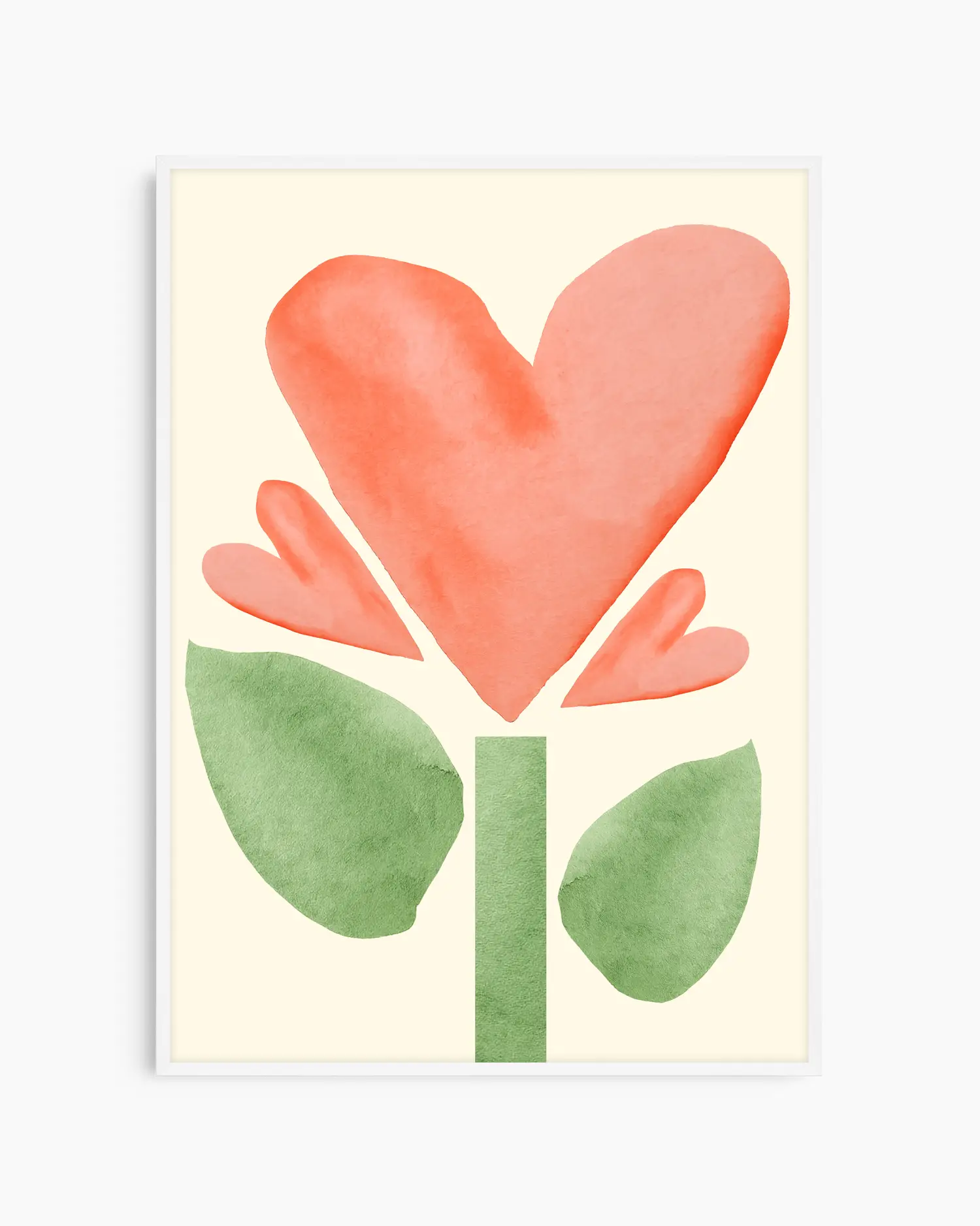 Framed poster with a heart-shaped flower with green stem and leaves on a light yellow background