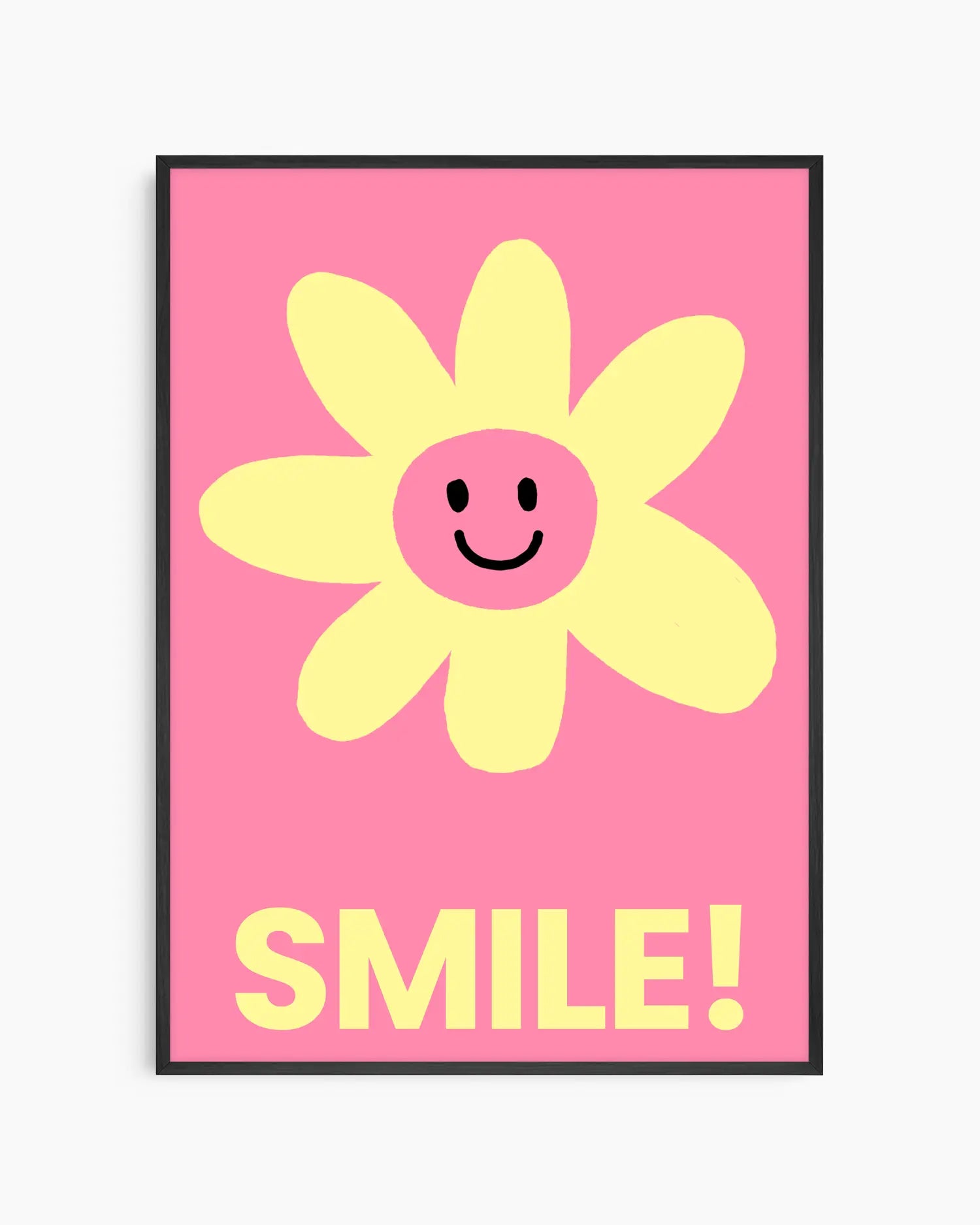 Pink nursery poster with a yellow smiling flower and 'SMILE!' written on it, framed in a black frame.