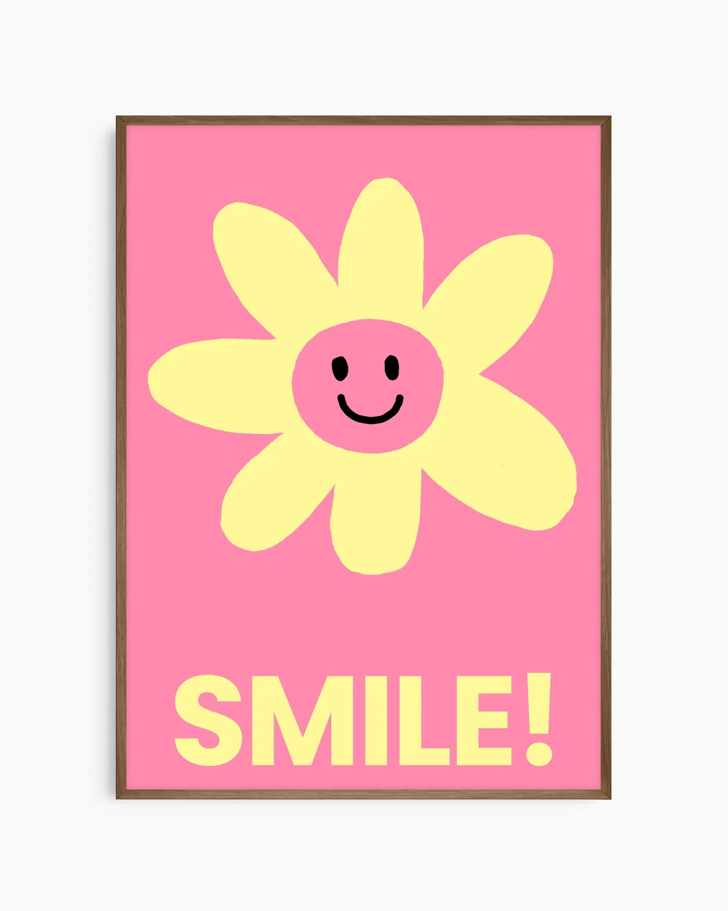 Pink nursery poster with a yellow smiling flower and 'SMILE!' written on it, framed in a dark oak frame.