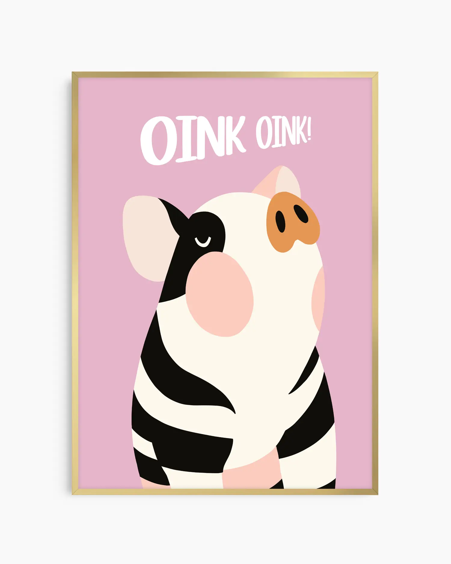 Nursery poster with a cute piglet and the text 'Oink oink!' on a pink background, framed in a golden frame.