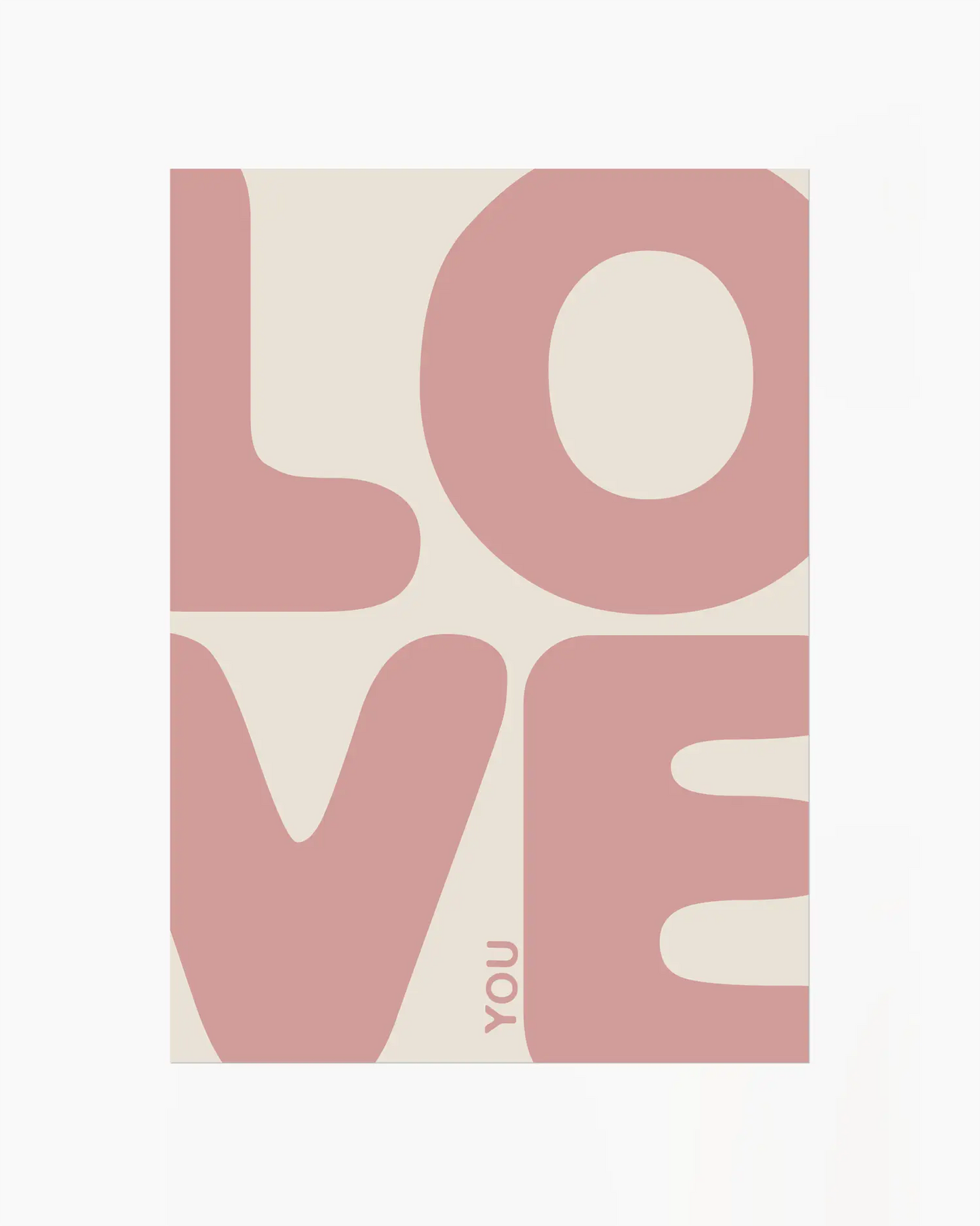 Nursery poster with 'LOVE YOU' written in pink letters on a beige background