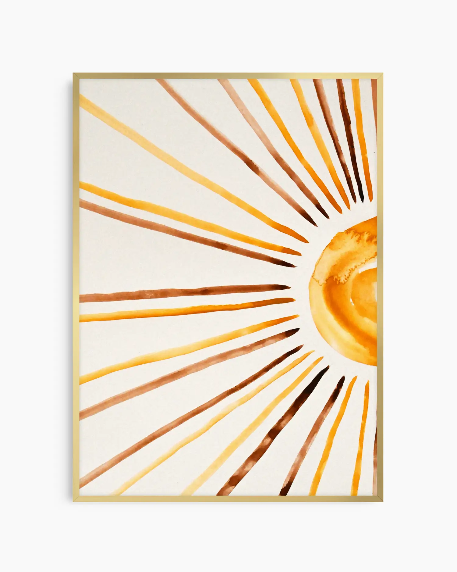 Nursery poster of sunrays in yellow, orange and brown on a white background with gold frame
