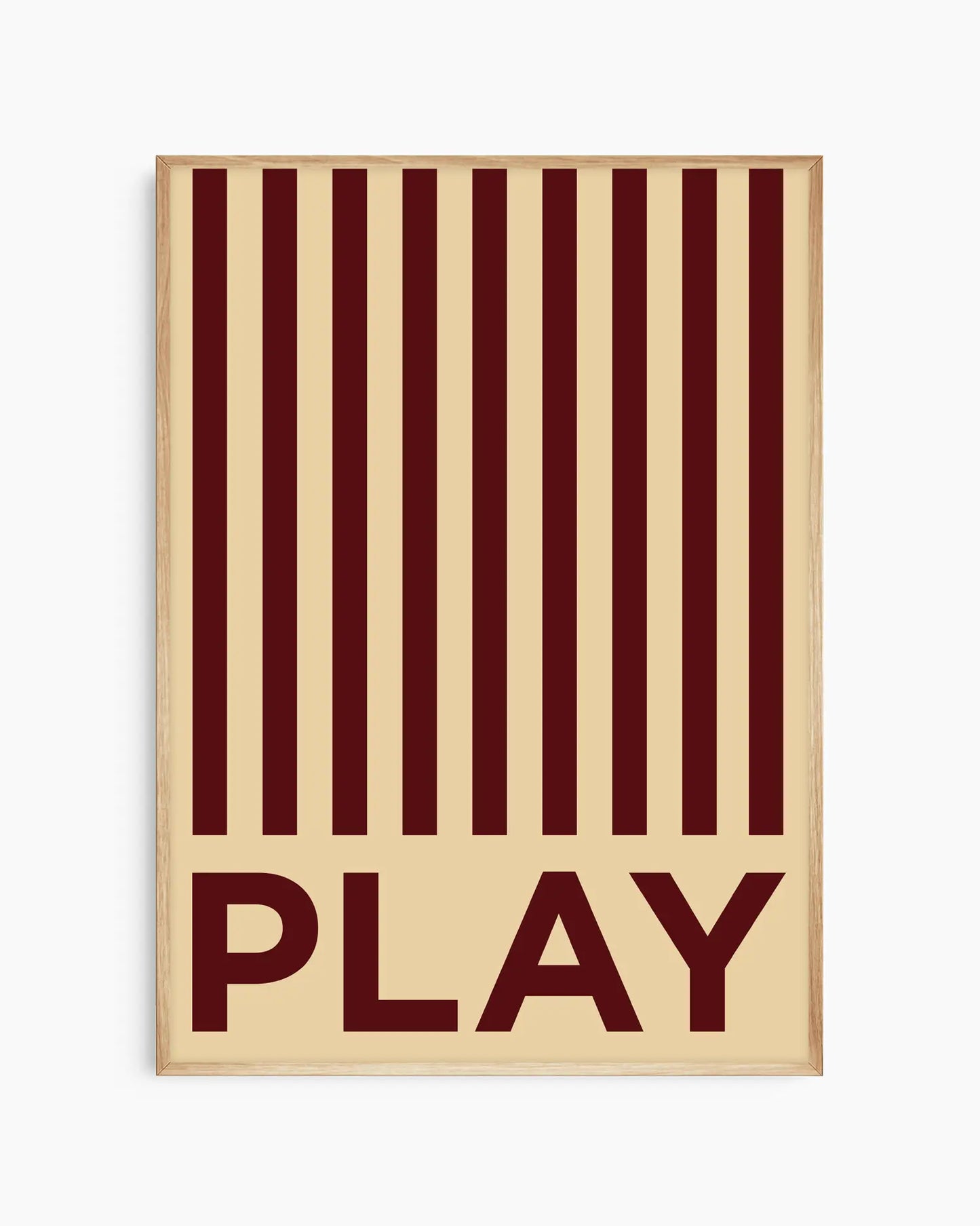 Beige nursery poster with brown stripes and the word 'PLAY' written on it framed in an oak frame