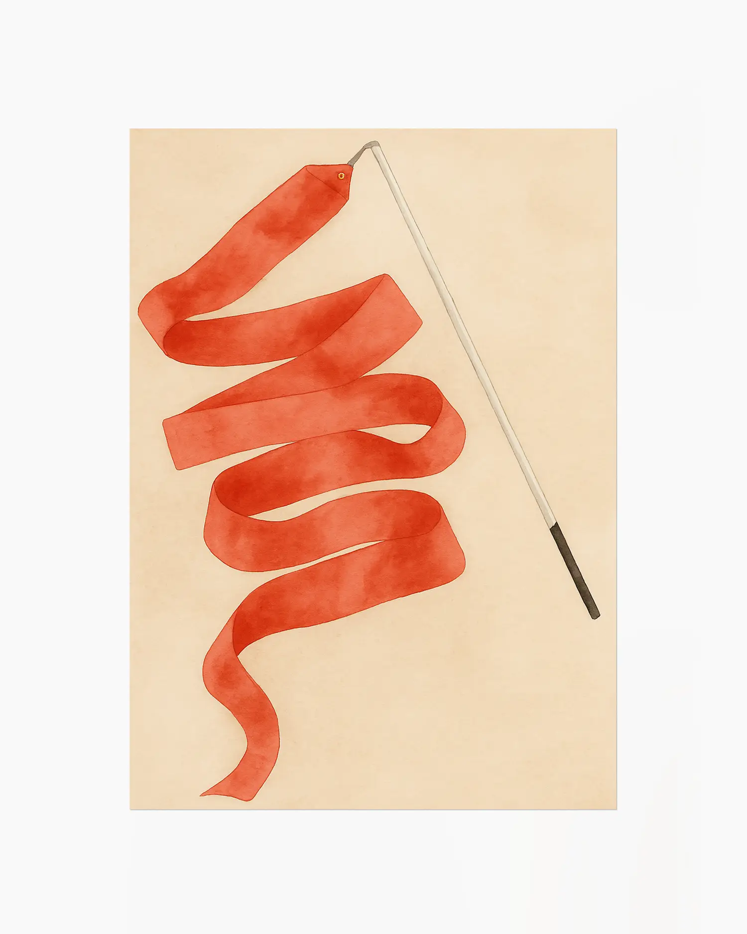 Artwork with a red ribbon on a stick against a beige background.