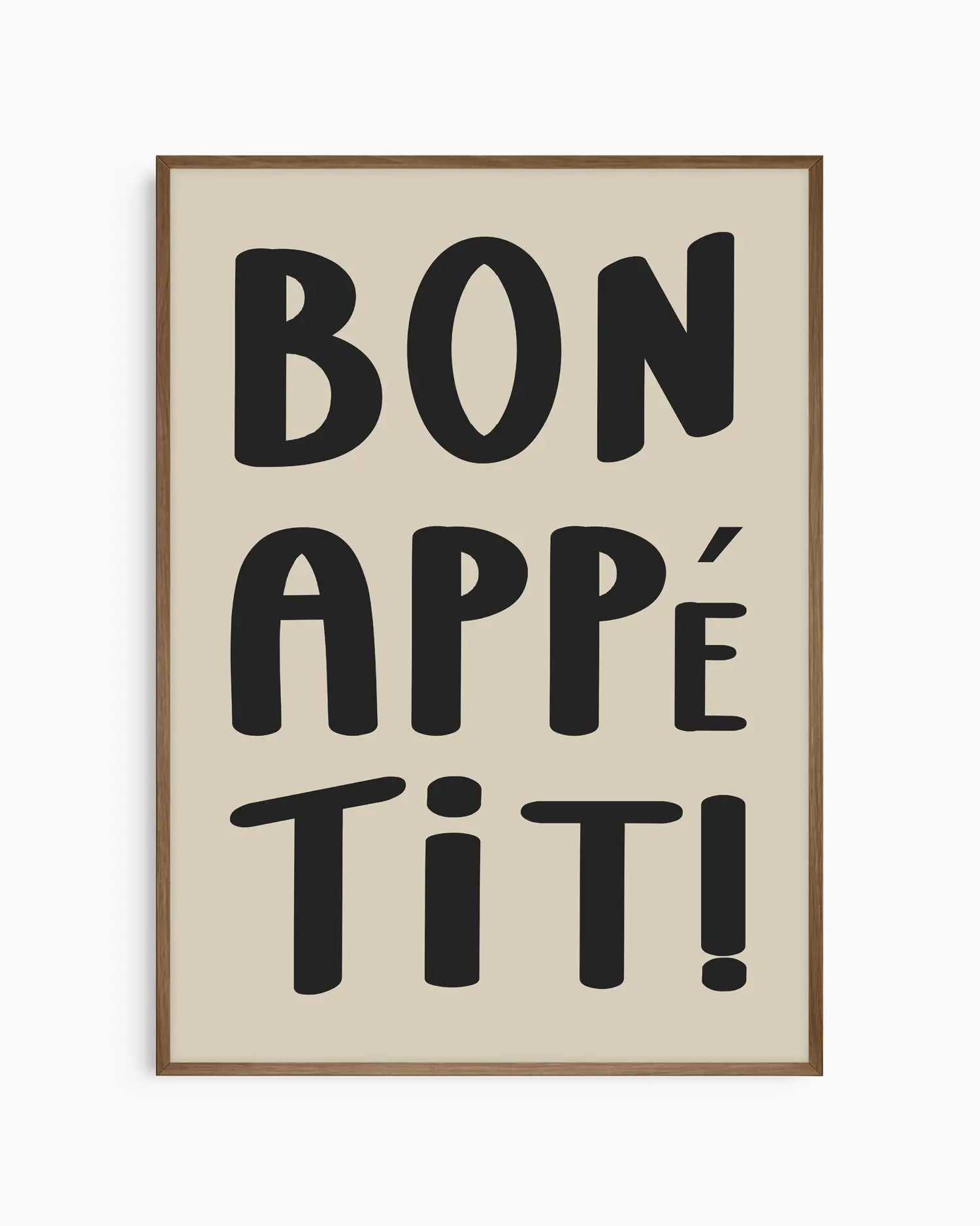 Framed artwork with 'Bon Appétit!' text on a beige background in a smoked oak wooden frame.