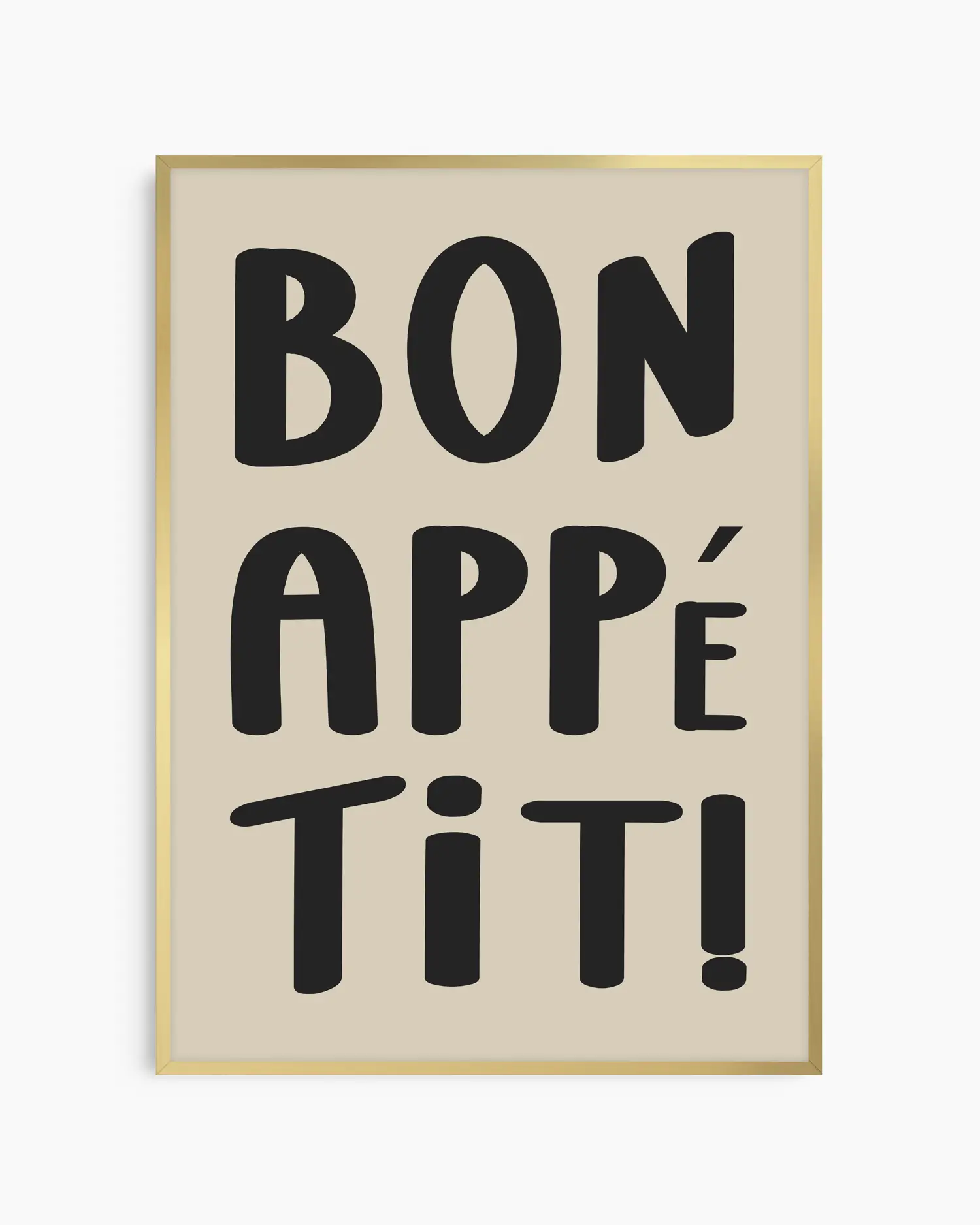 Framed artwork with 'Bon Appétit!' text on a beige background in a golden aluminium frame.