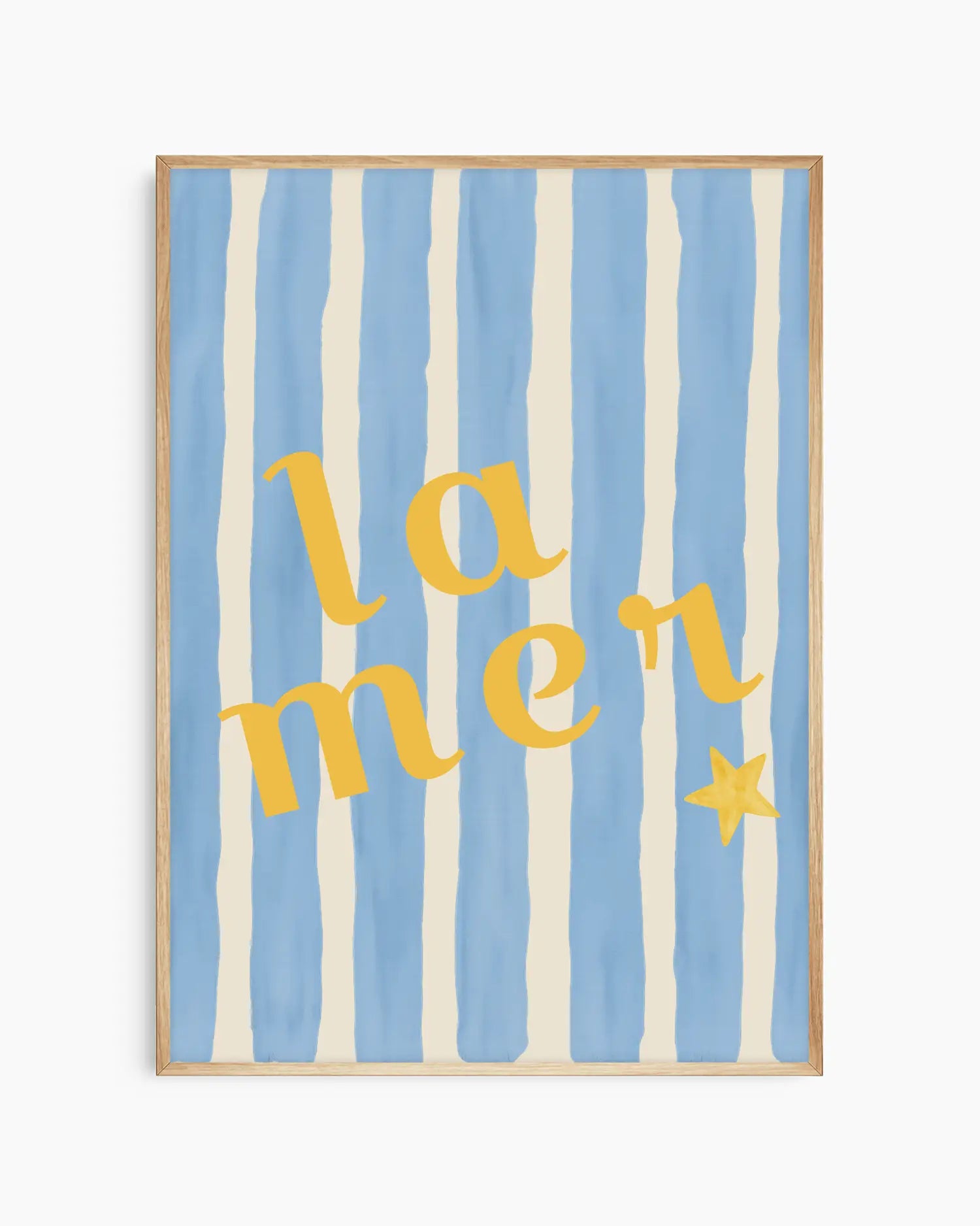 Nursery artwork with 'la mer' text on a blue and white striped background in an oak wooden frame.
