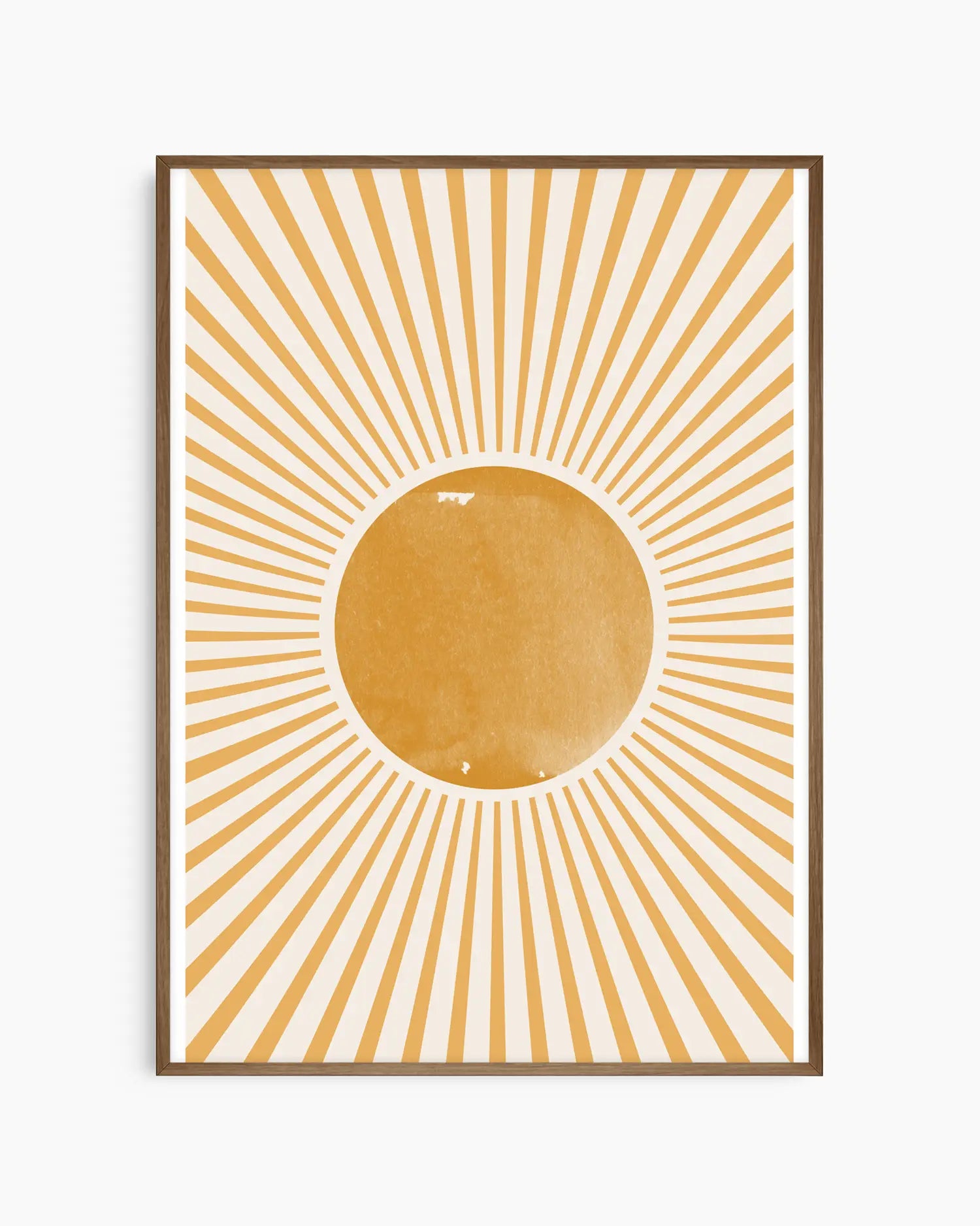 Warm, minimalist wall art in pastel golden yellow tones on a pastel golden yellow background, shown in a dark oak frame.