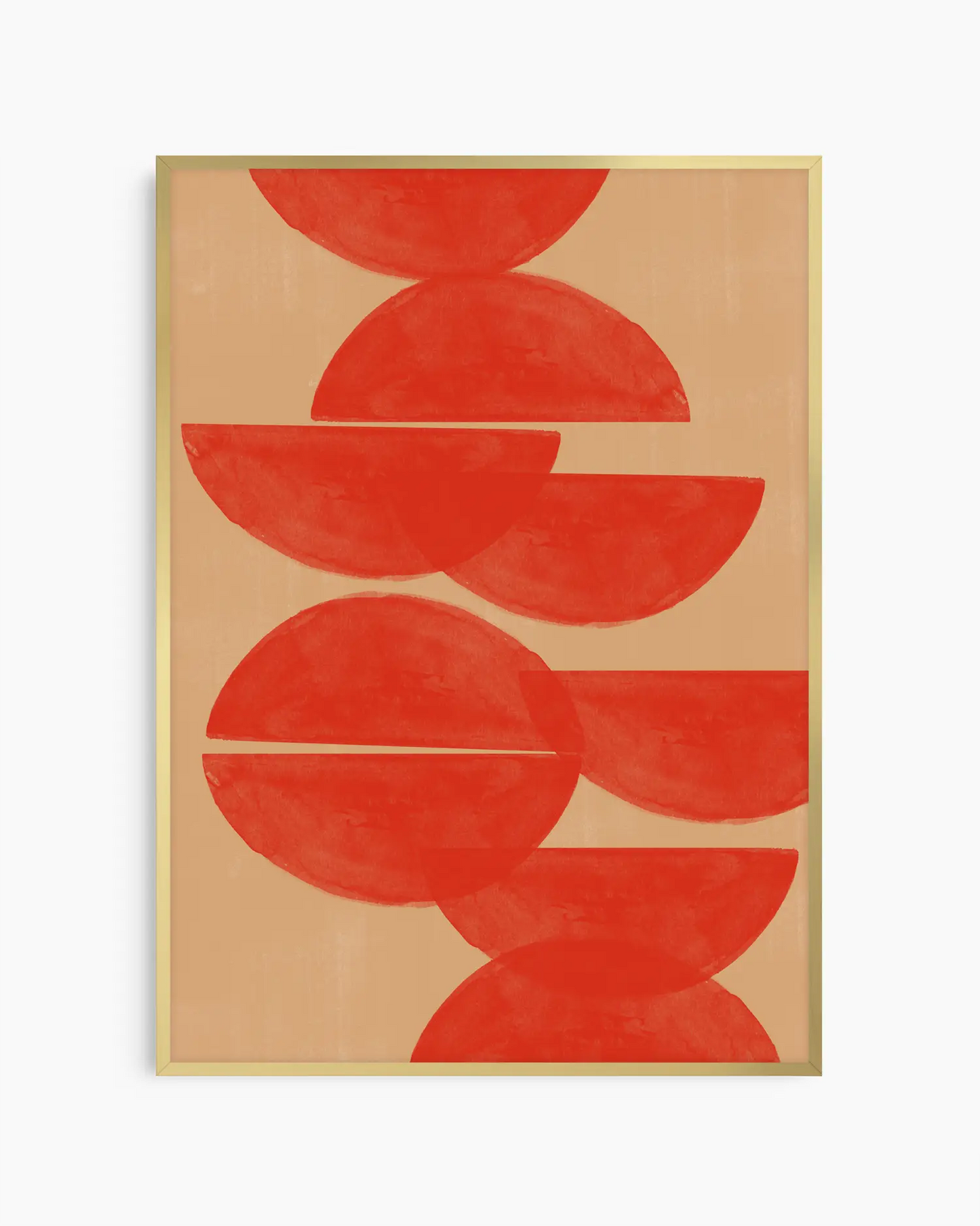 Warm, minimalist wall art in bright red tones on a bright red background, shown in a gold frame.