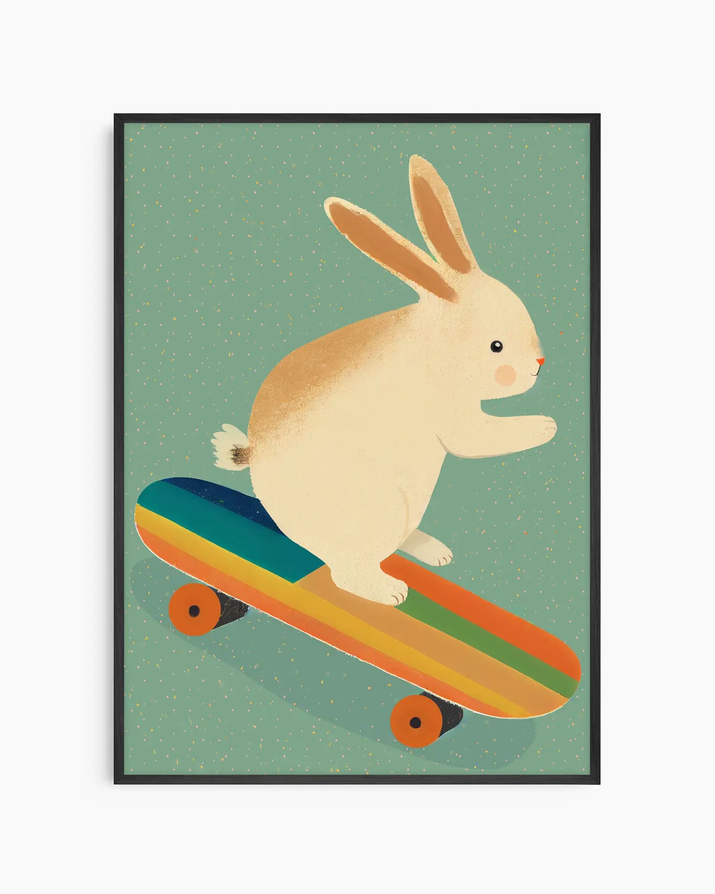 Framed artwork of a rabbit riding a rainbow skateboard on a green background