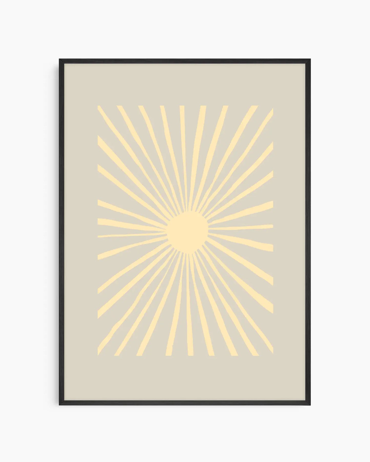 Framed artwork with a yellow sunburst design on a beige background