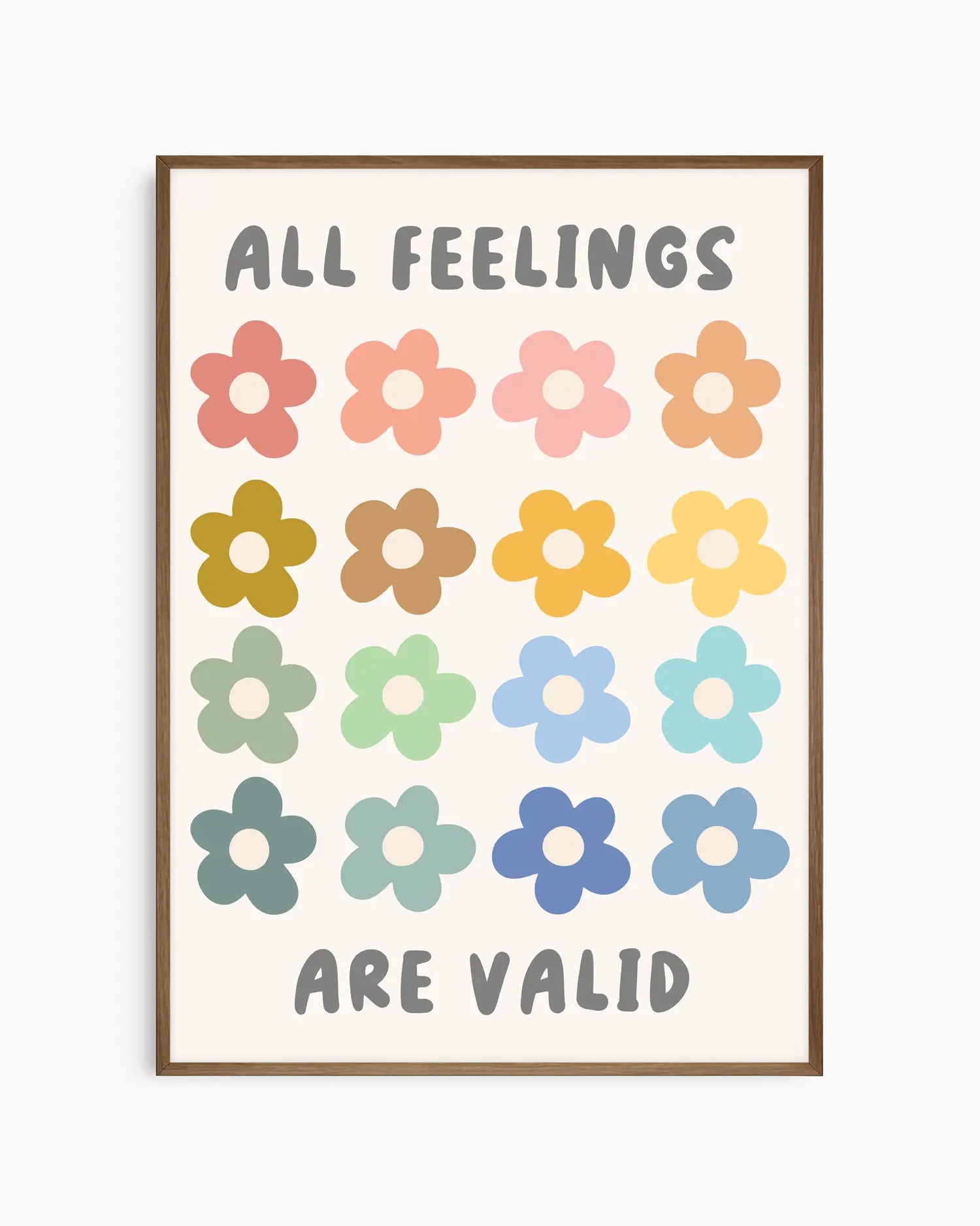Poster with colorful flowers and text 'All Feelings Are Valid' on a white background