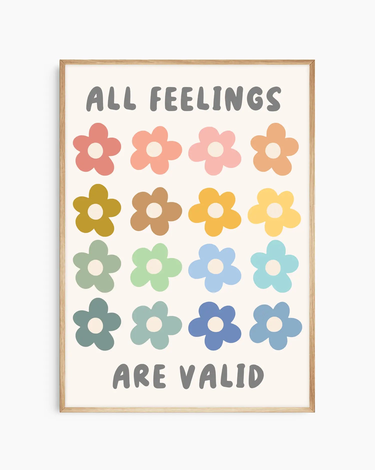 Poster with colorful flowers and text 'All Feelings Are Valid' on a white background