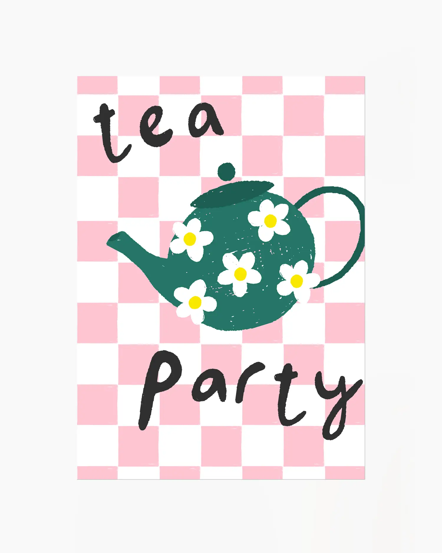 Tea party invitation with a teapot and flowers on a pink checkered background