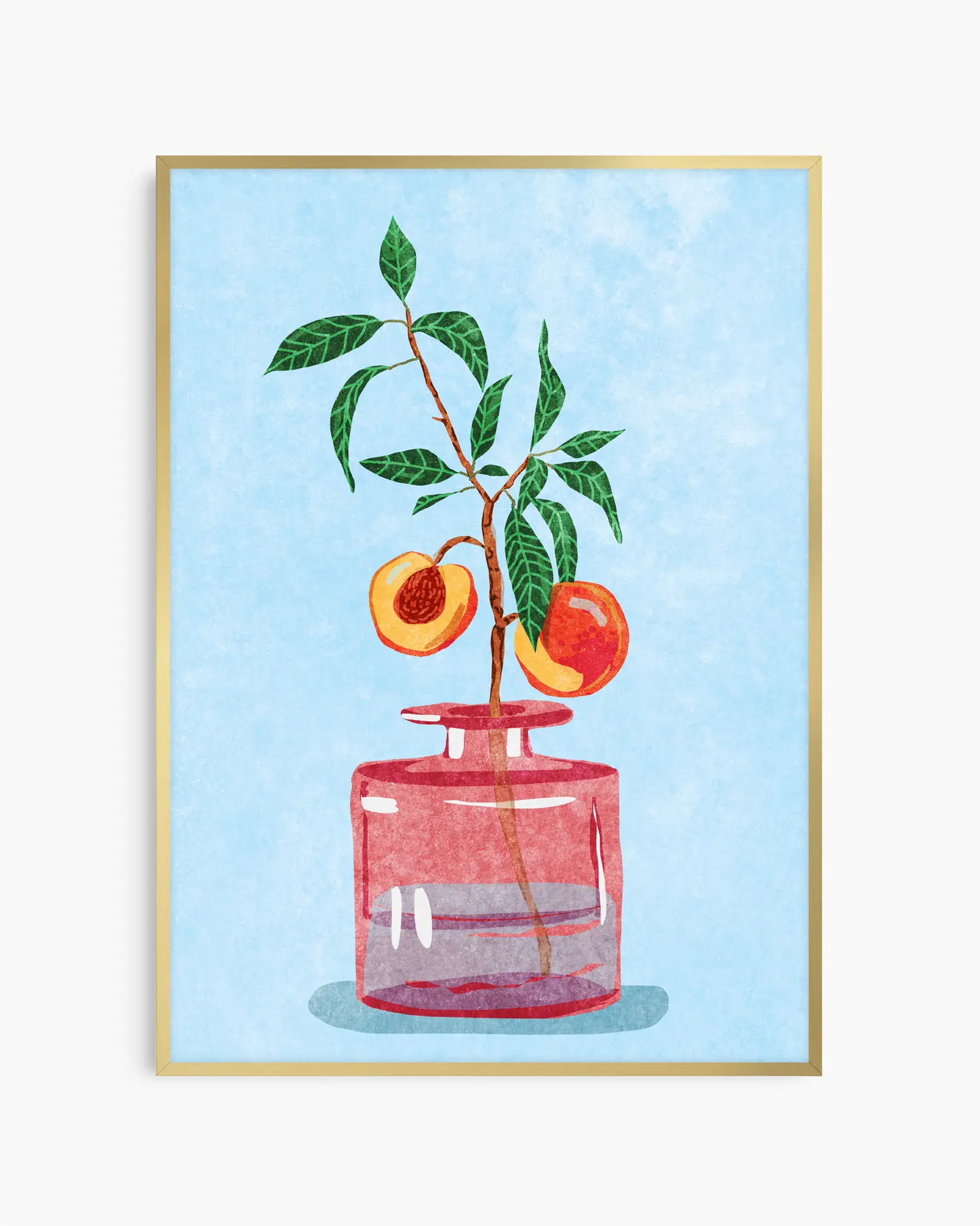 Art print of a red vase with peach branches on a light blue background