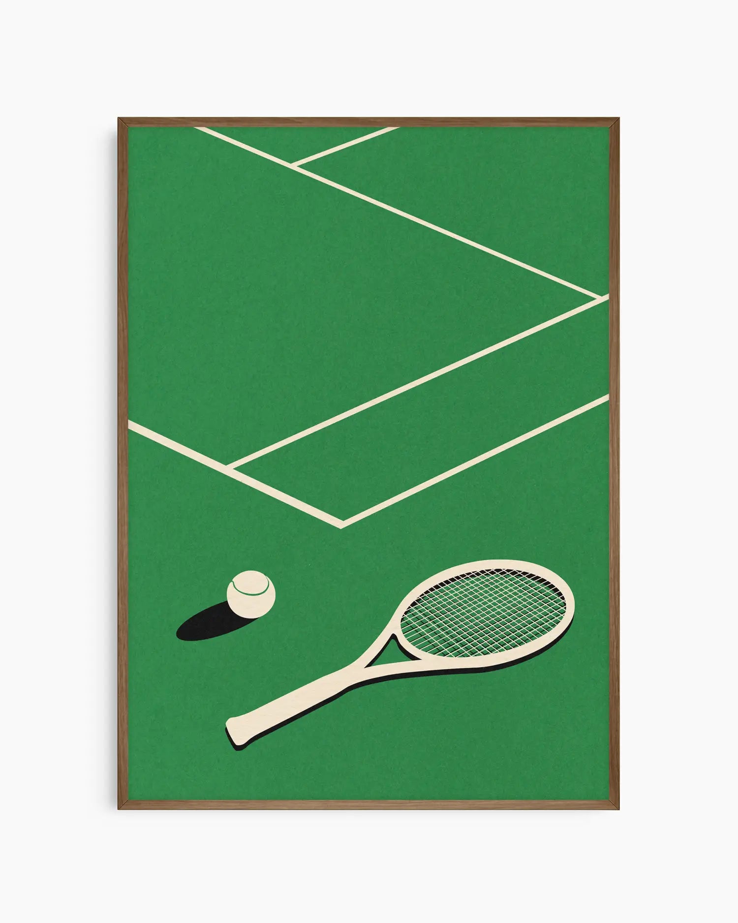Tennis racket and ball on a green court with white lines