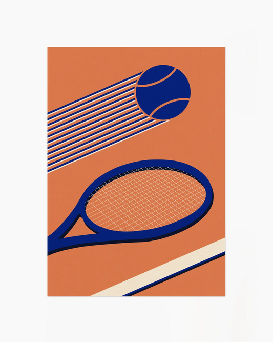Tennis racket and ball on an orange background