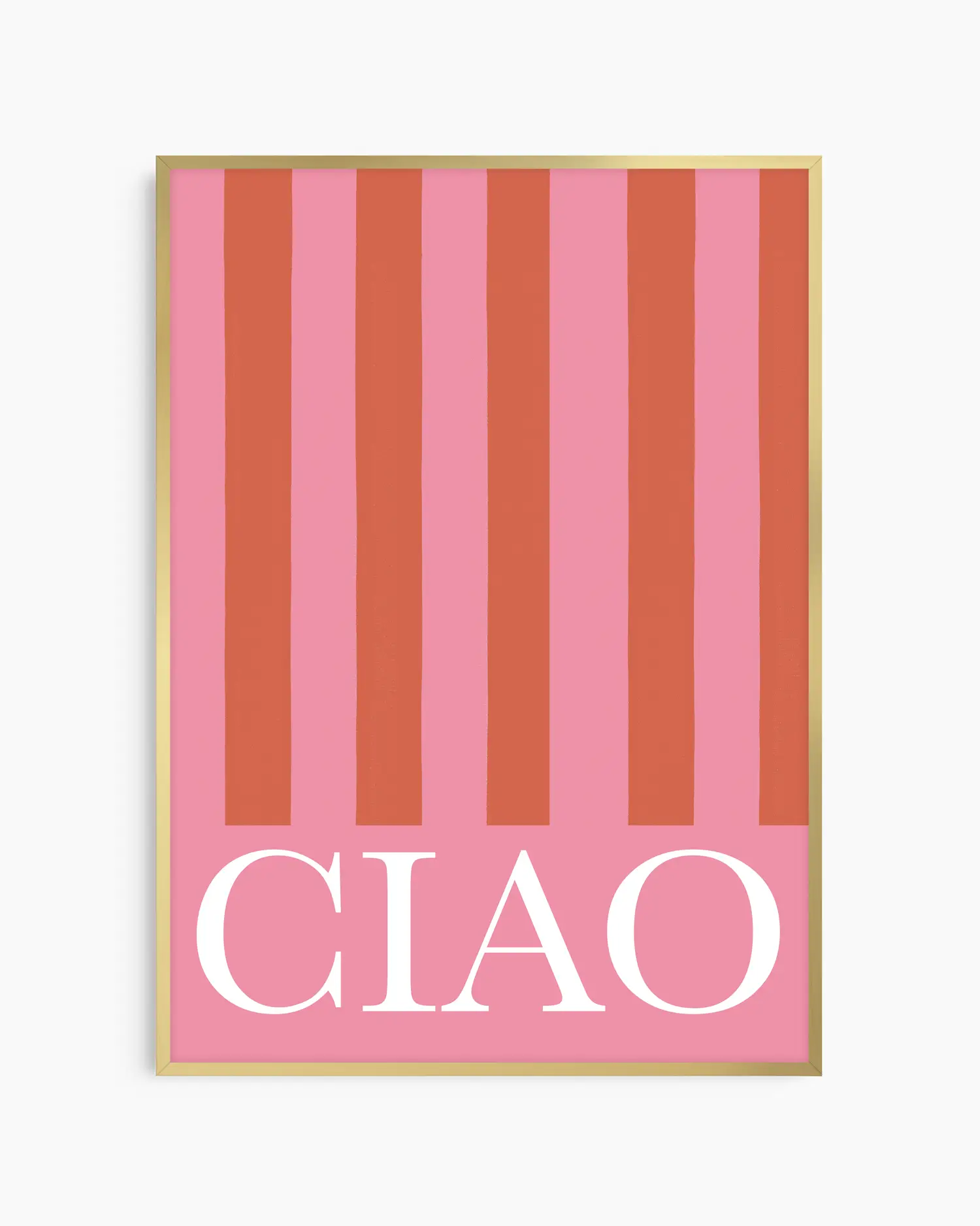 Poster with vertical red stripes and 'CIAO' text on a pink background