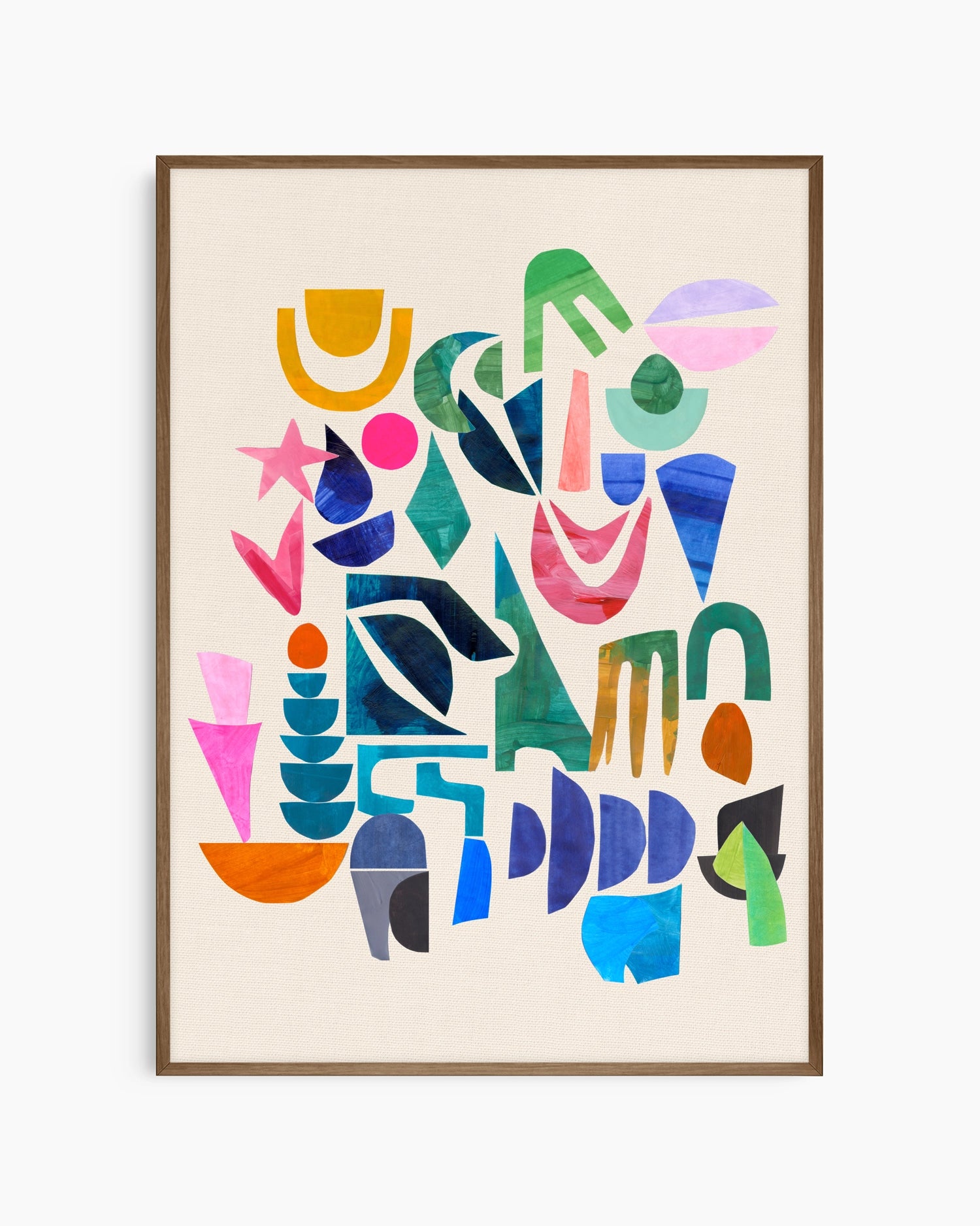 Framed abstract artwork with colorful geometric shapes on a beige background