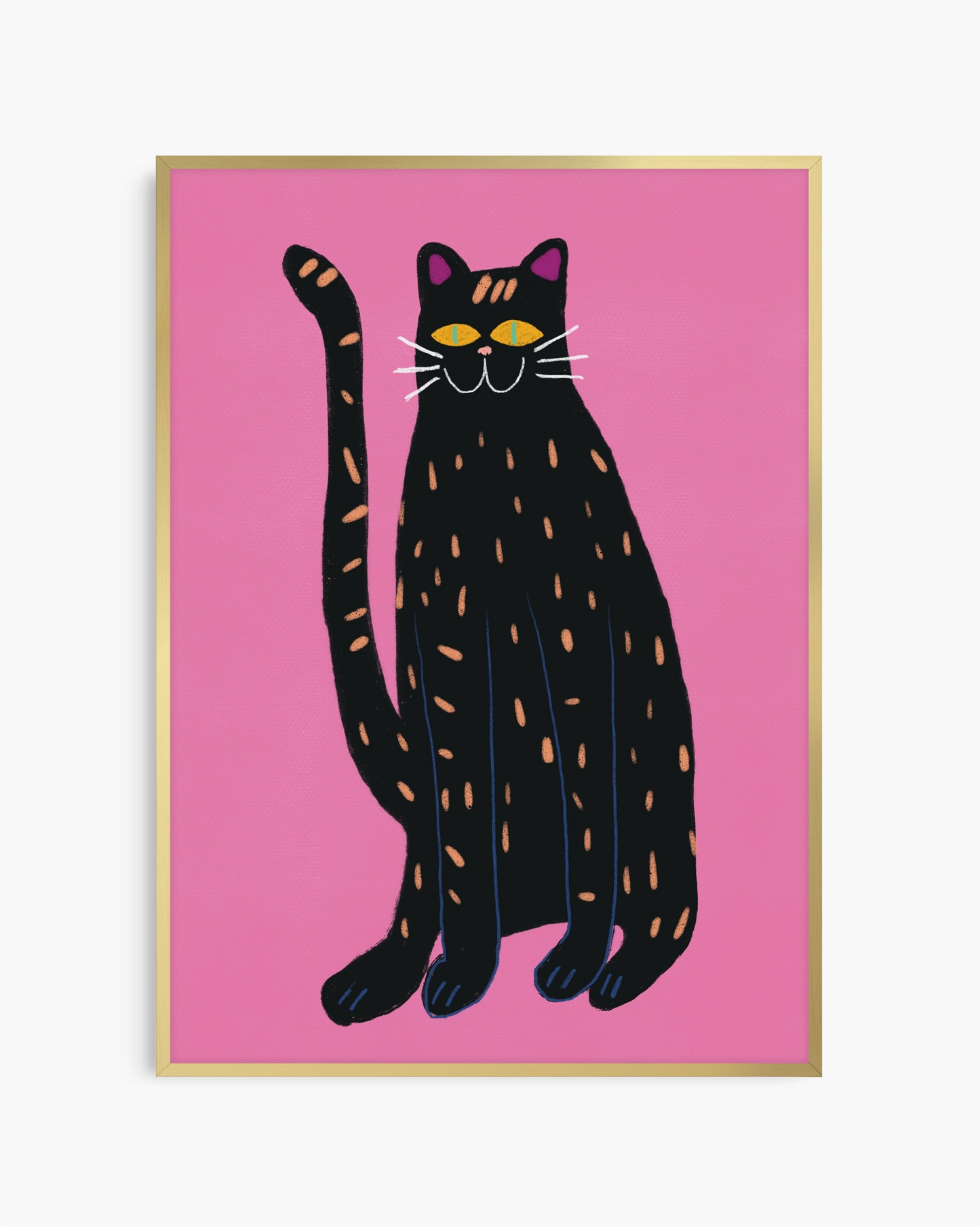 Framed artwork of a black cat with orange spots on a pink background