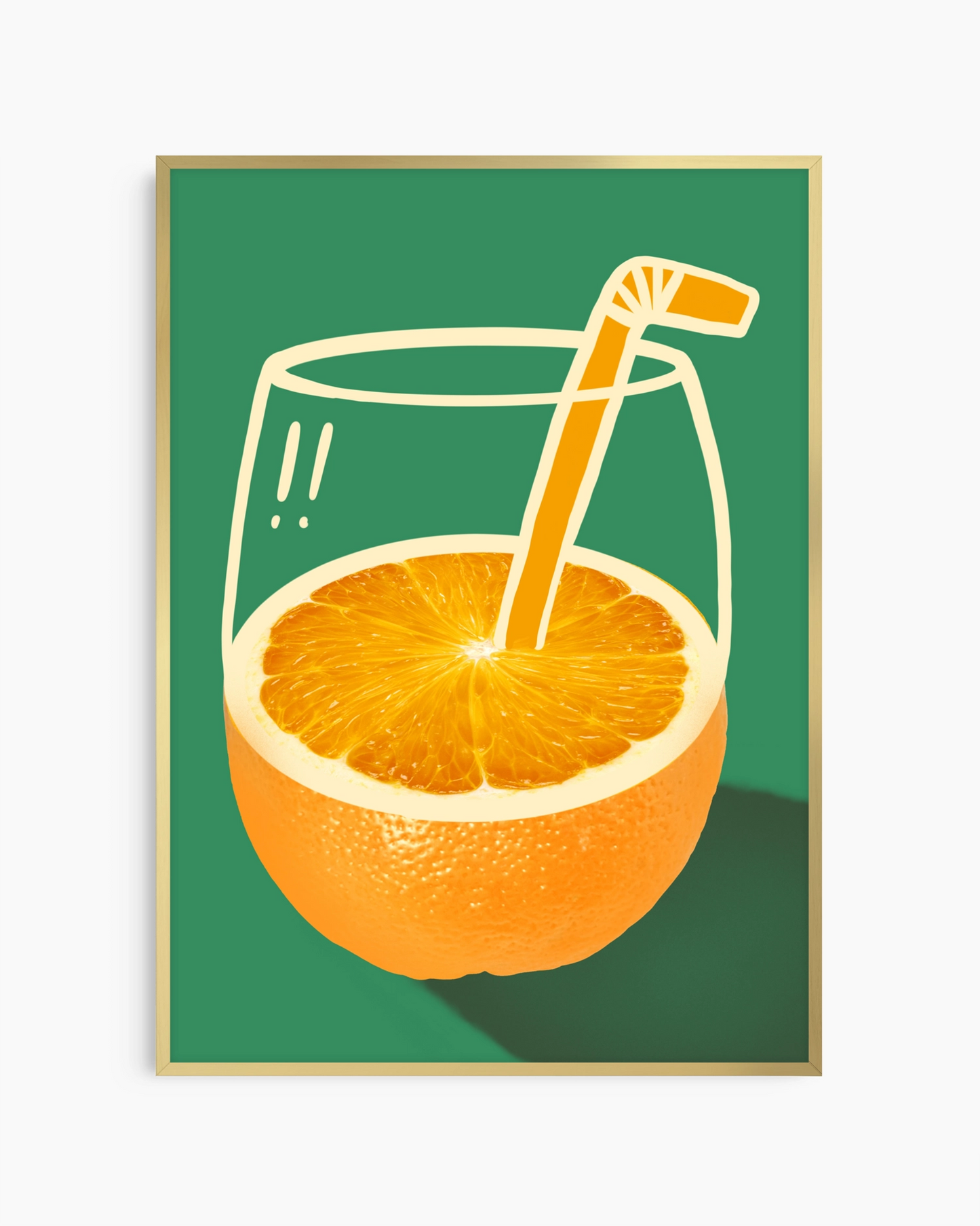 Illustration of an orange with a glass of juice and straw on a green background