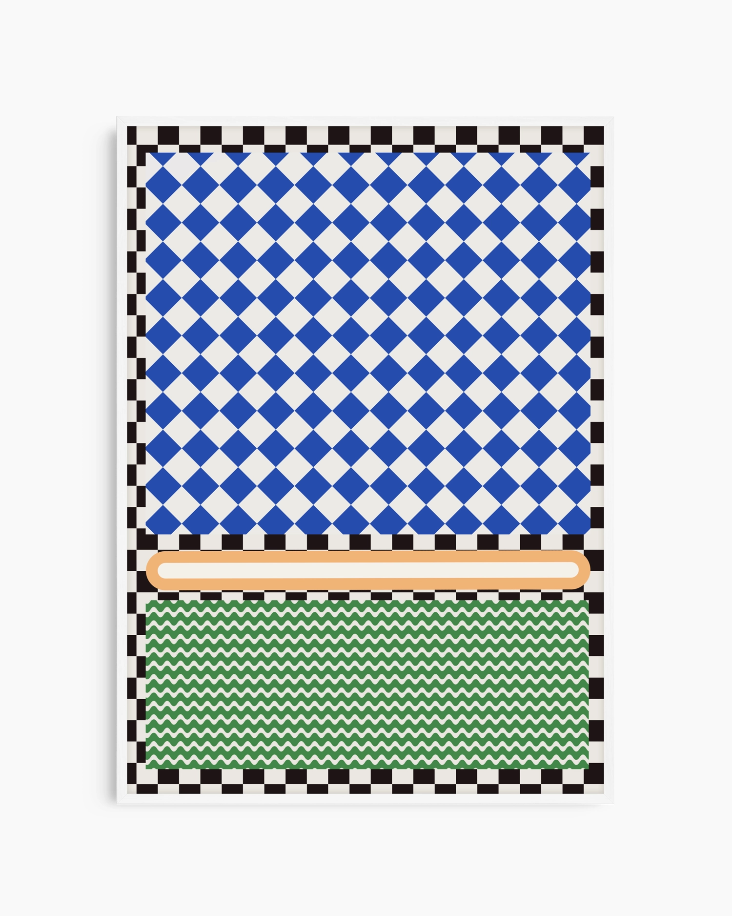 Notebook with blue and white checkered pattern on cover, black border, green zigzag pattern on bottom, and brown band in the middle.