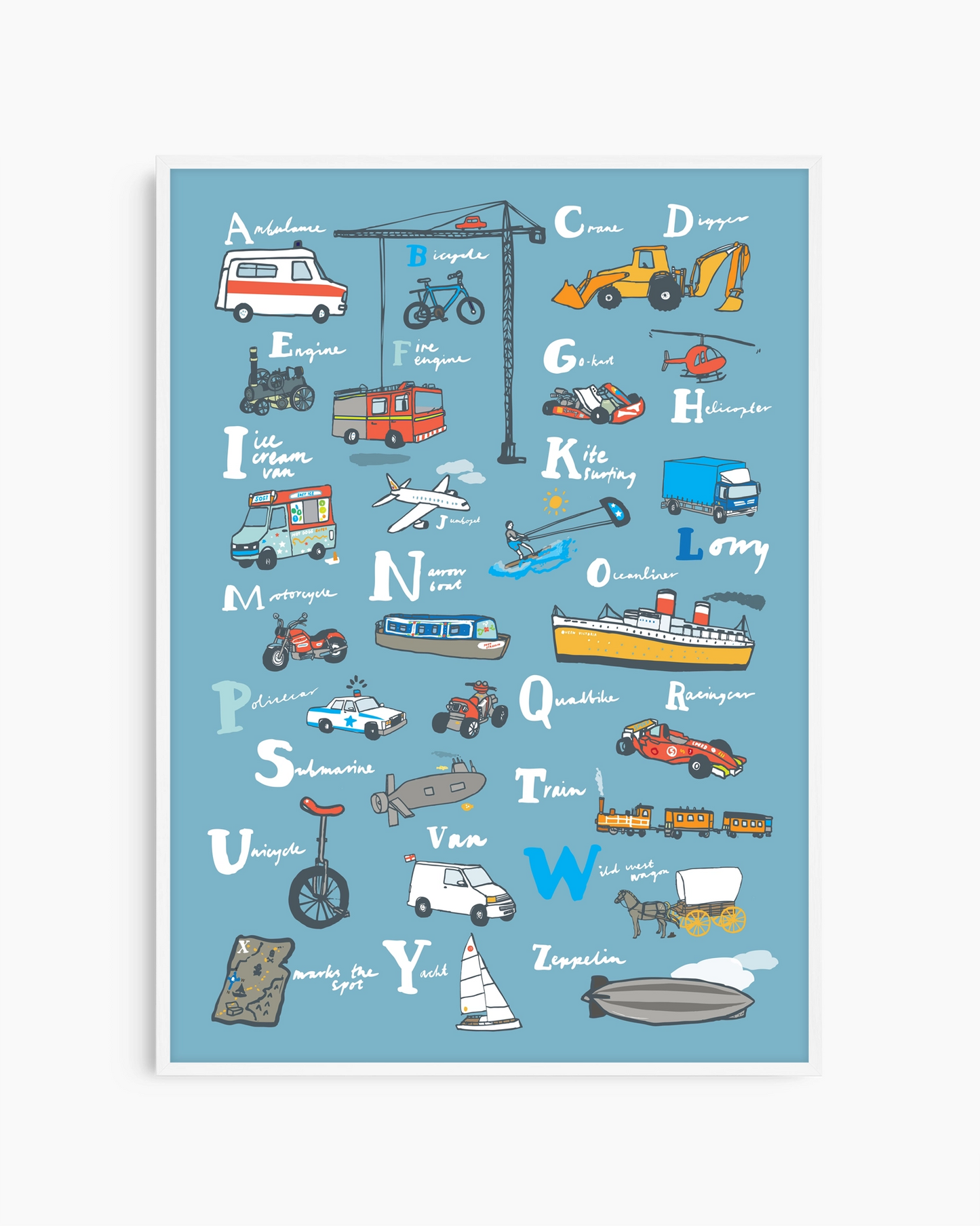 Children's alphabet poster with colorful illustrations of vehicles and objects on a blue background