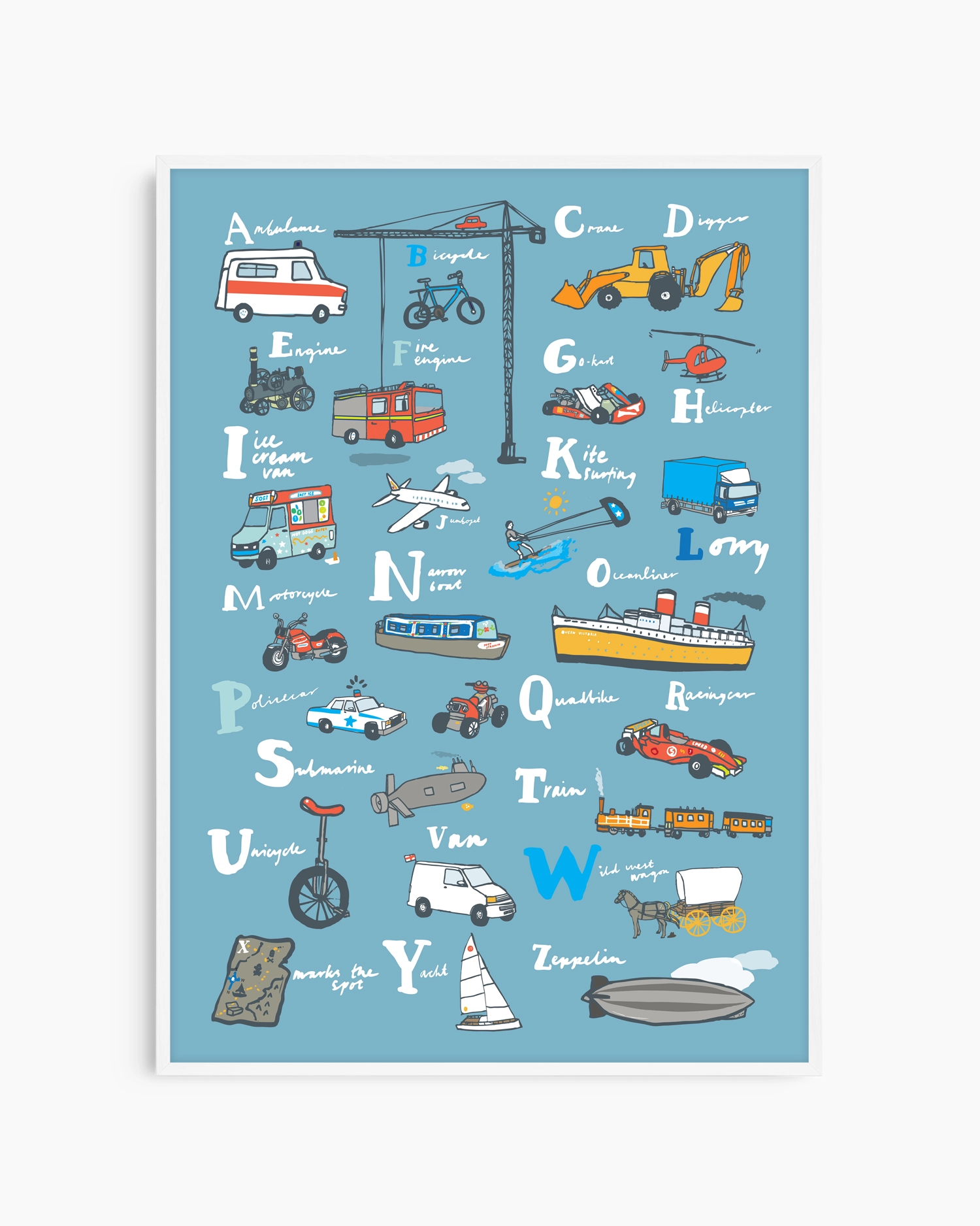 Children's alphabet poster with colorful illustrations of vehicles and objects on a blue background