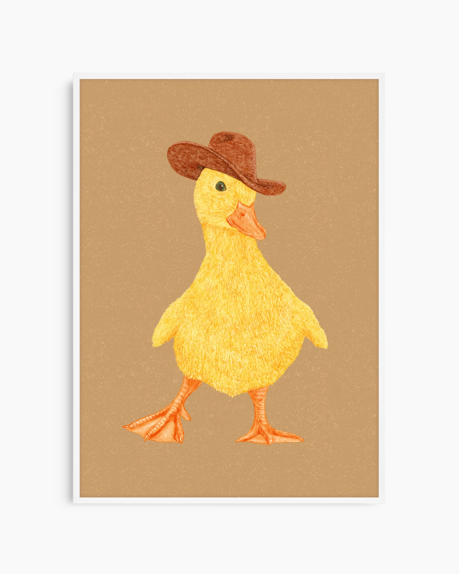 Yellow duck wearing a brown hat on a beige background