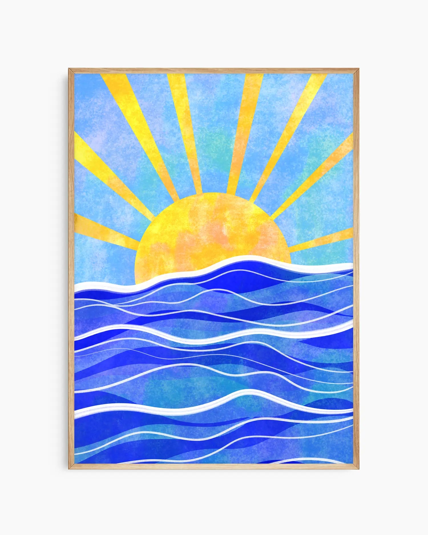 Framed artwork of a sun rising over water with blue sky and yellow sun.