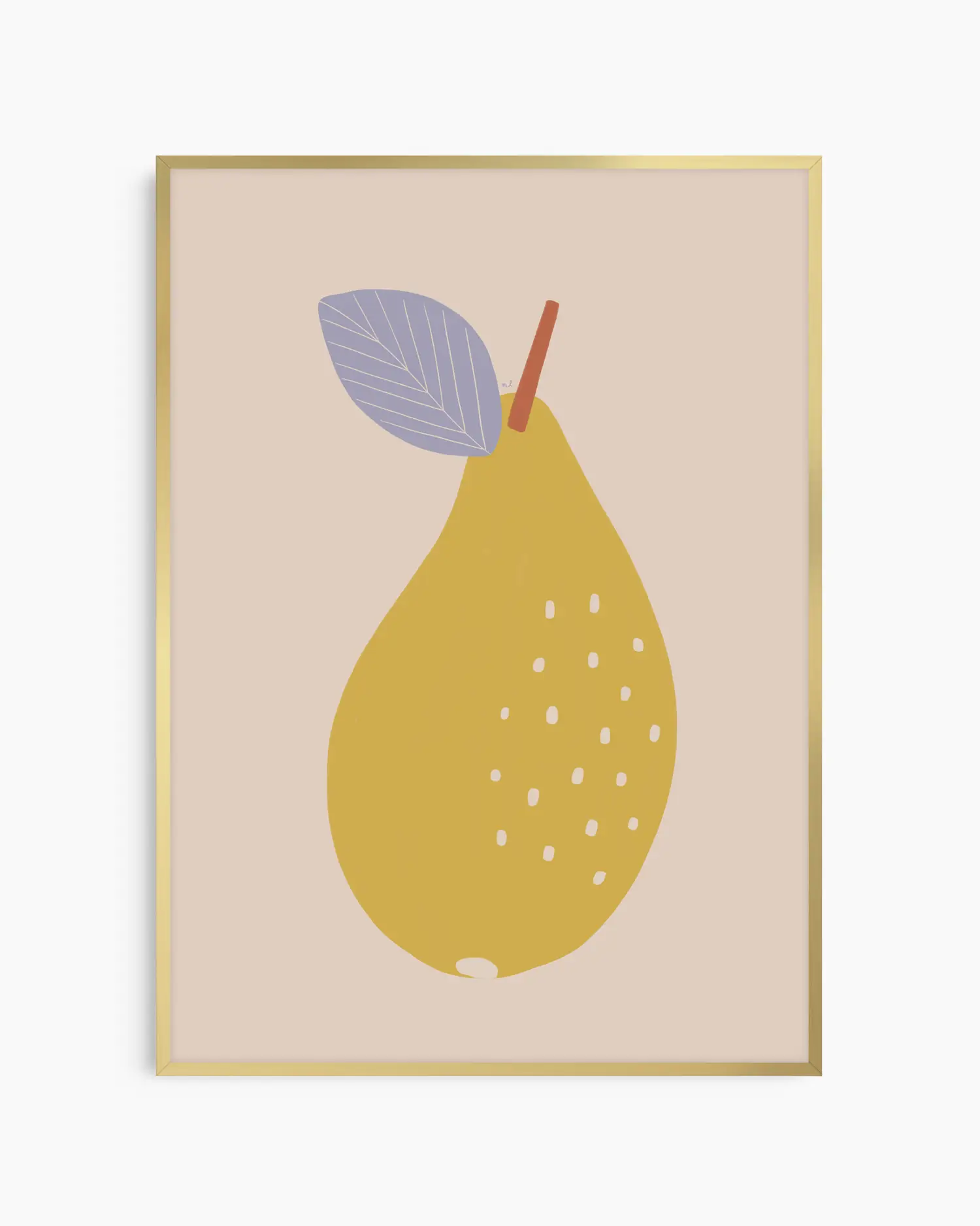 Framed artwork of a yellow pear with a purple leaf on a beige background