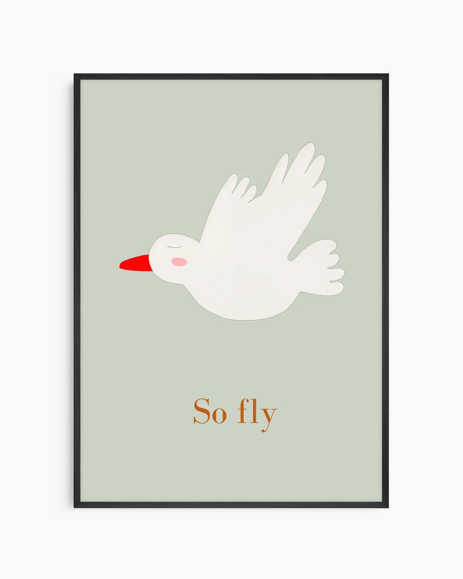 Framed artwork with a white bird illustration and 'So fly' text on a light green background