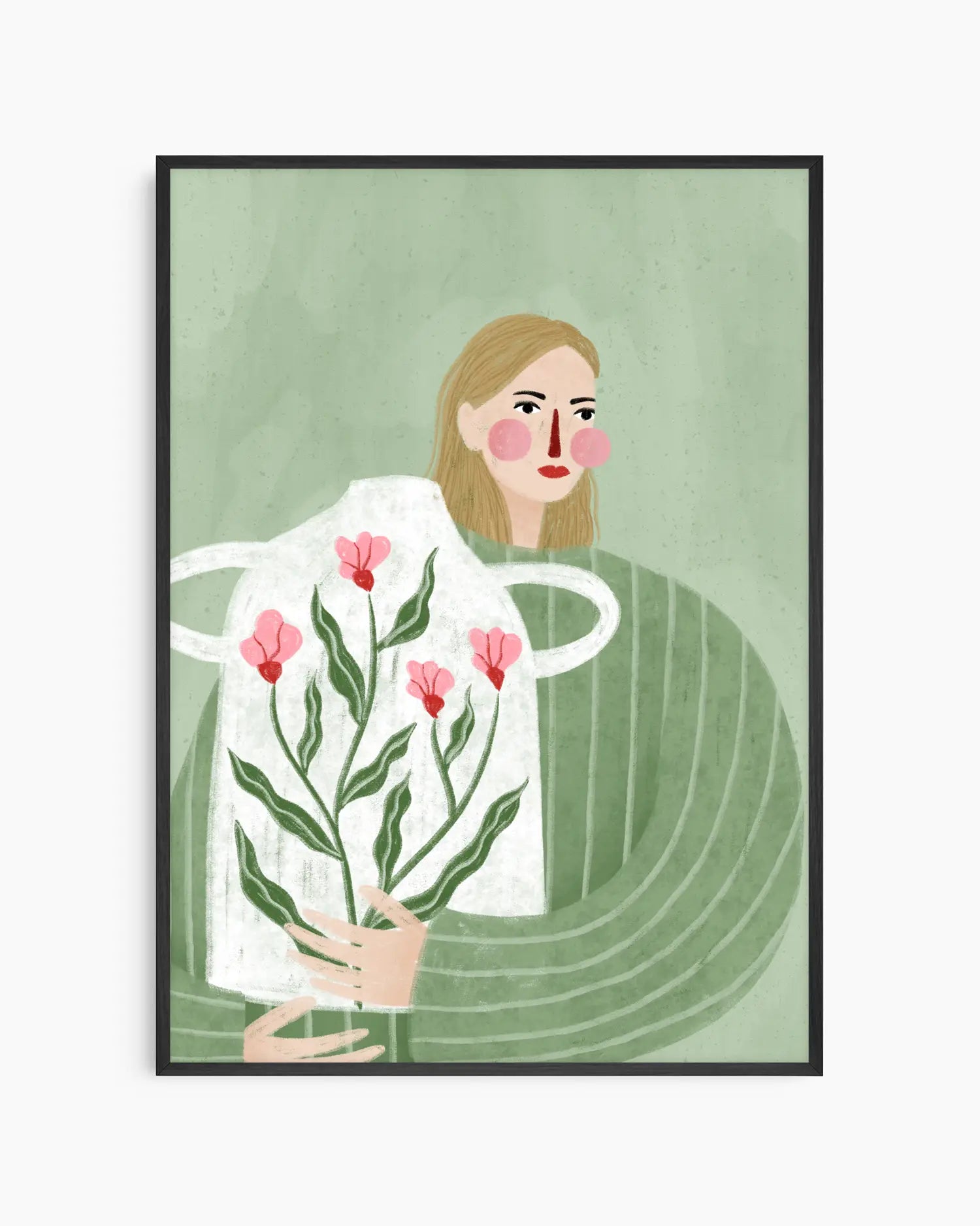 Illustration of a person holding flowers with a green background