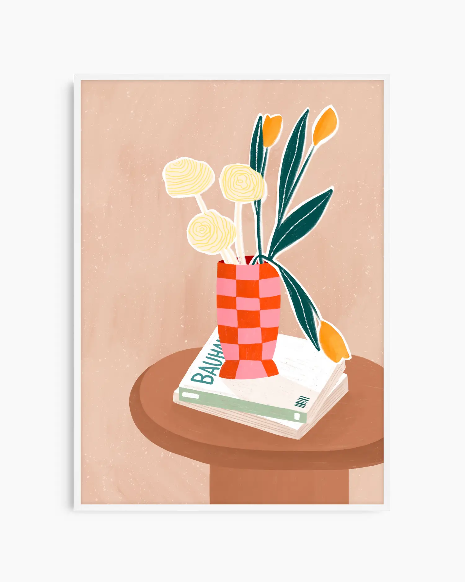 Illustration of a vase with flowers on books against a beige background