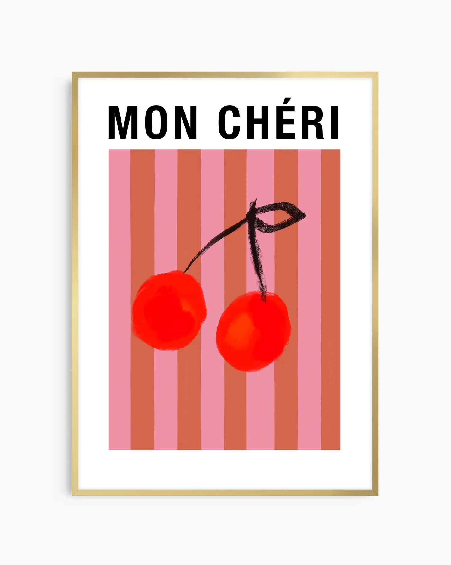 Framed artwork with two red cherries and 'MON CHÞri' text on a striped background.