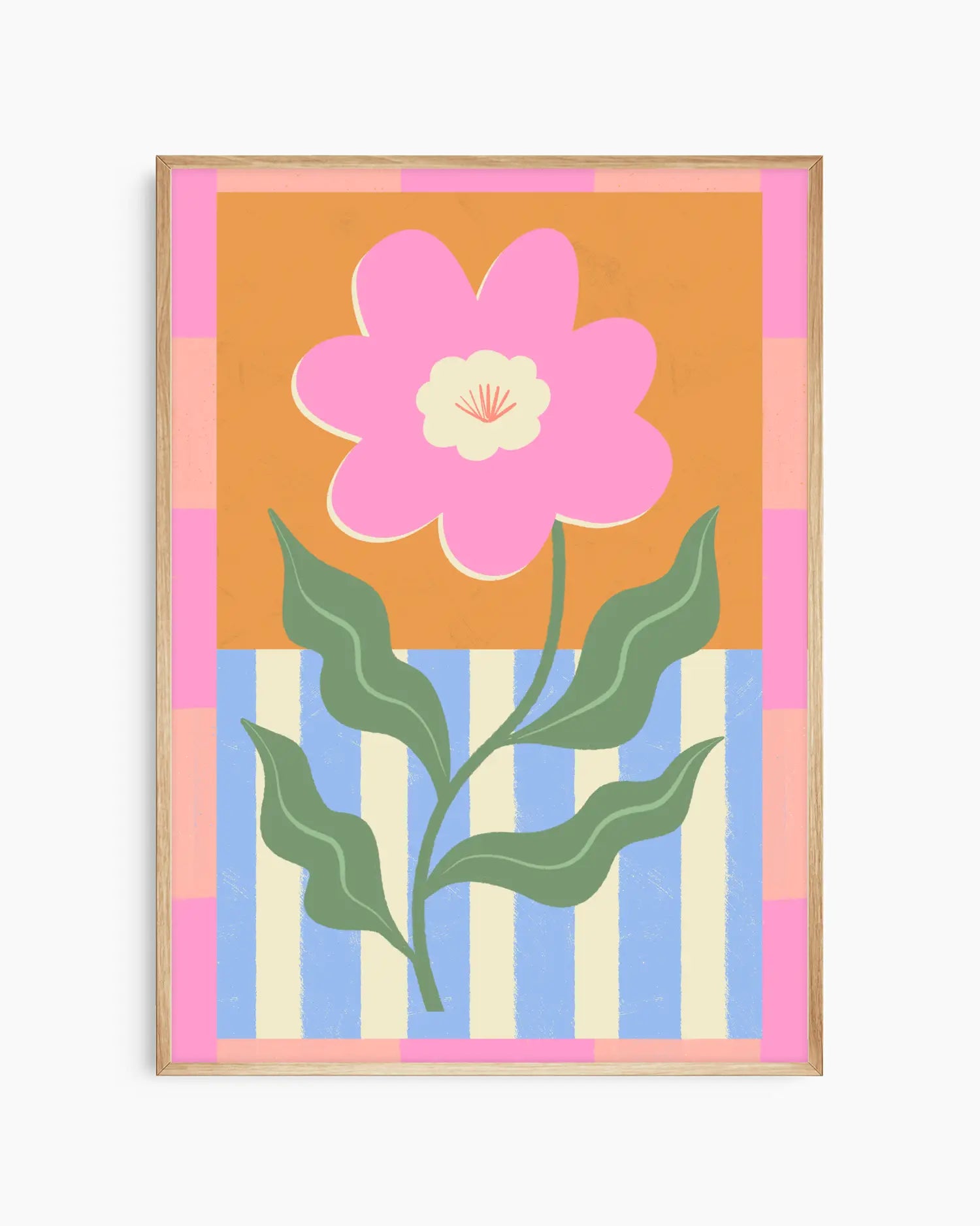 Framed artwork with a pink flower and green leaves on a striped background